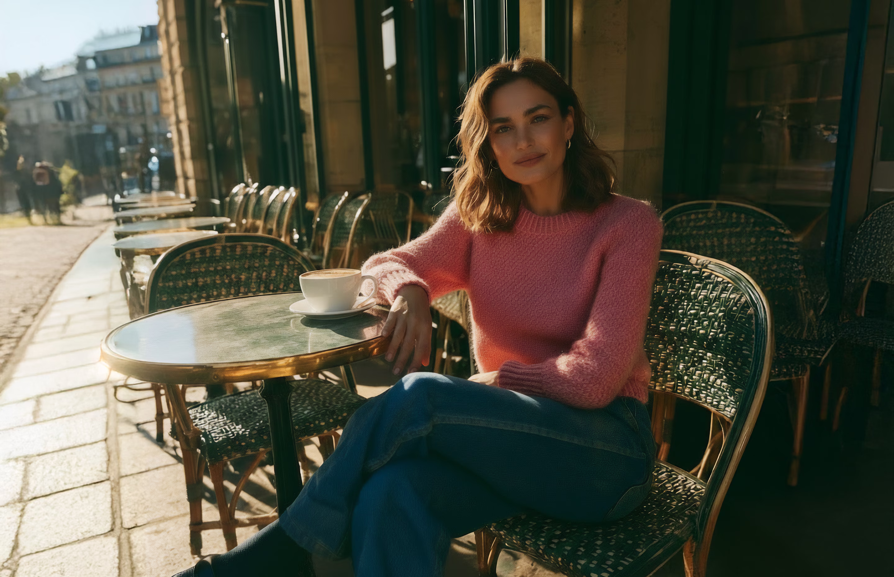 pinker Pullover und Jeans
