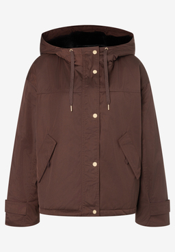 MORE & MORE Kurzjacke in Braun, mit Kapuze, goldfarbenen Knöpfen und Zugbändern. Futter aus schwarzem Kunstfell.