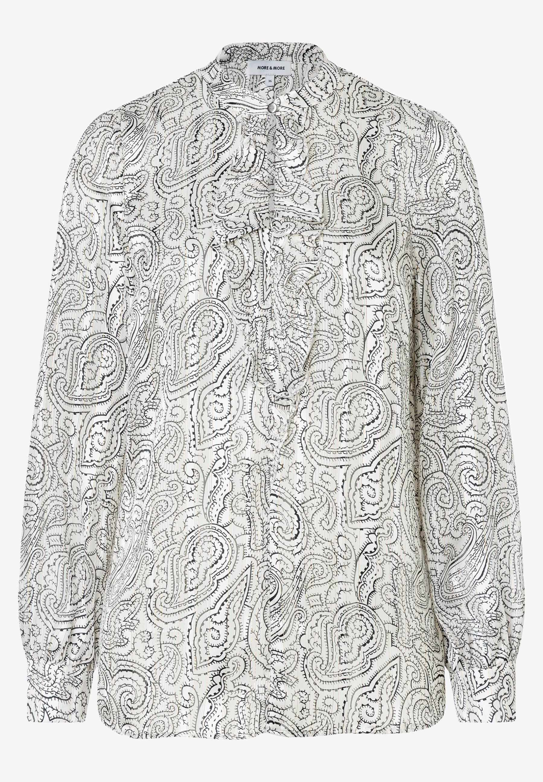 MORE & MORE Damenbluse in Schwarz-Weiß mit Paisley-Muster, Hemdkragen und Rüschendetail an der Knopfleiste.