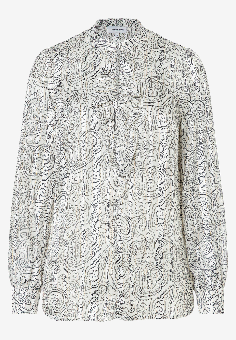 MORE & MORE Damenbluse in Schwarz-Weiß mit Paisley-Muster, Hemdkragen und Rüschendetail an der Knopfleiste. MORE & MORE Damenbluse in Schwarz-Weiß mit Paisley-Muster, Hemdkragen und Rüschendetail an der Knopfleiste.