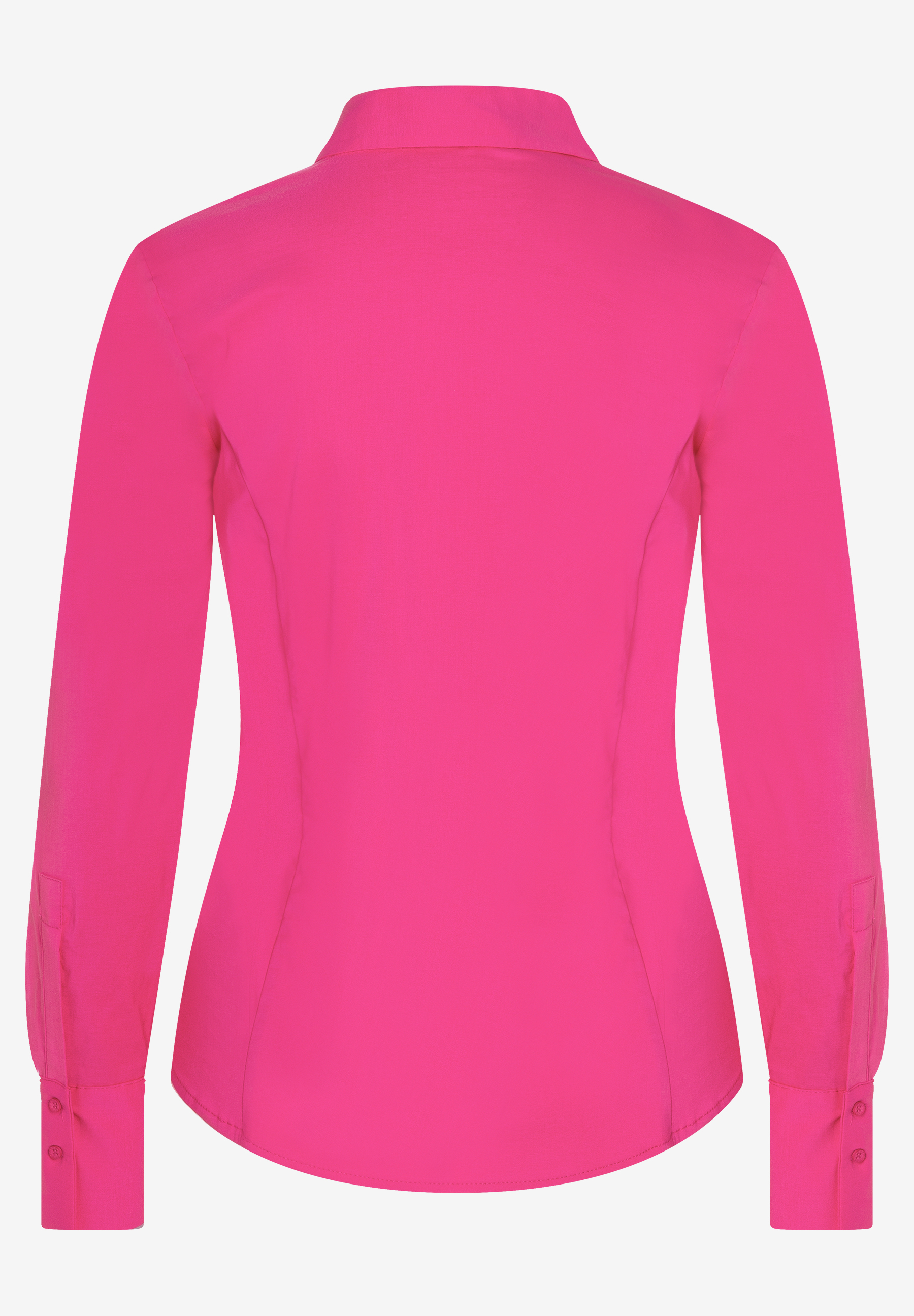 Rückansicht einer pinkfarbenen MORE & MORE Bluse mit langen Ärmeln und Knopfmanschetten. Rückansicht einer pinkfarbenen MORE & MORE Bluse mit langen Ärmeln und Knopfmanschetten.