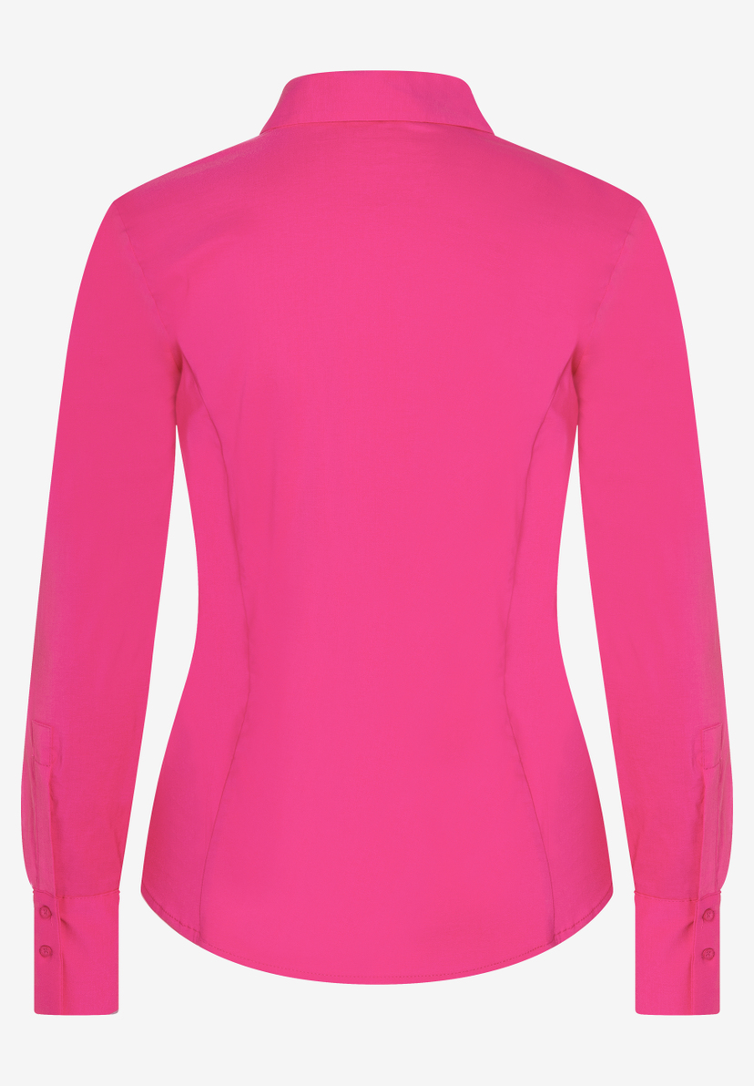 Rückansicht einer pinkfarbenen MORE & MORE Bluse mit langen Ärmeln und Knopfmanschetten. Rückansicht einer pinkfarbenen MORE & MORE Bluse mit langen Ärmeln und Knopfmanschetten.