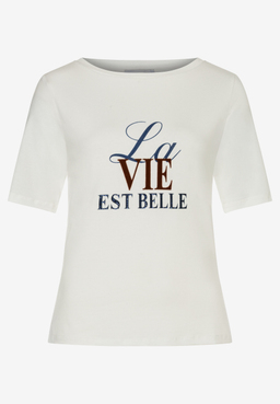 MORE & MORE T-Shirt in Weiß mit goldener "La Vie est Belle"-Stickerei