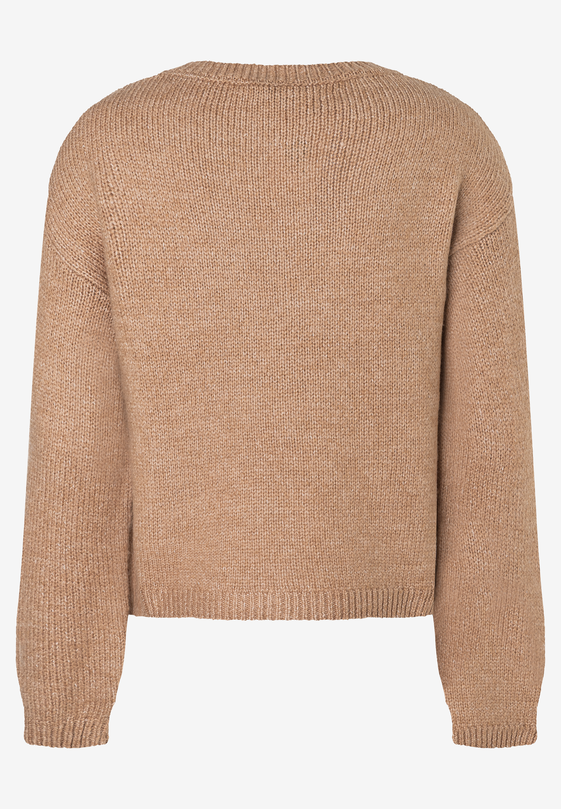 Rückenansicht eines MORE & MORE Strickpullovers, Oberteil in meliertem Beige. Rückenansicht eines MORE & MORE Strickpullovers, Oberteil in meliertem Beige.