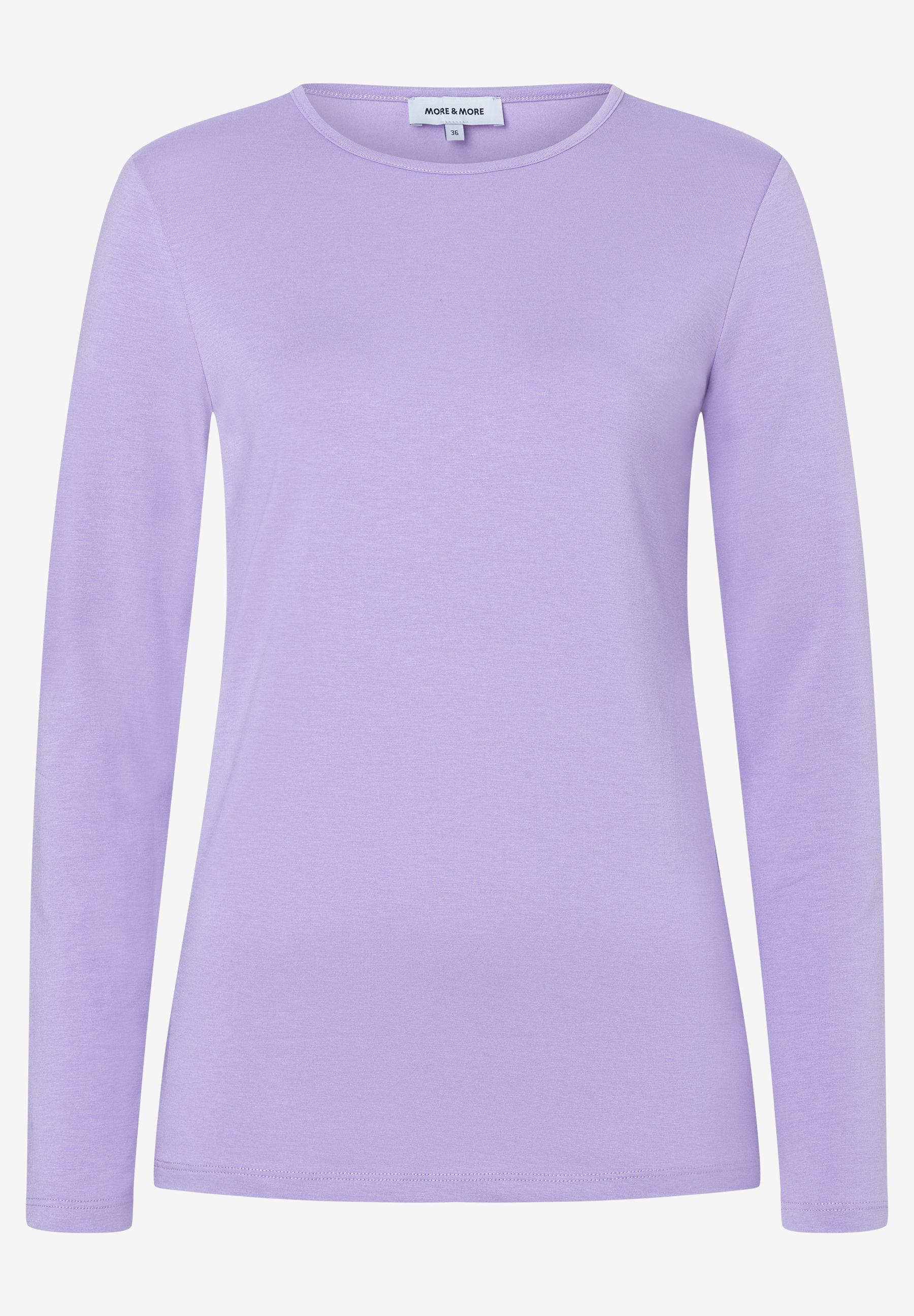 MORE & MORE Damen Langarm-Shirt in hellem Lila, klassischer Rundhalsausschnitt, schlichtes Design.