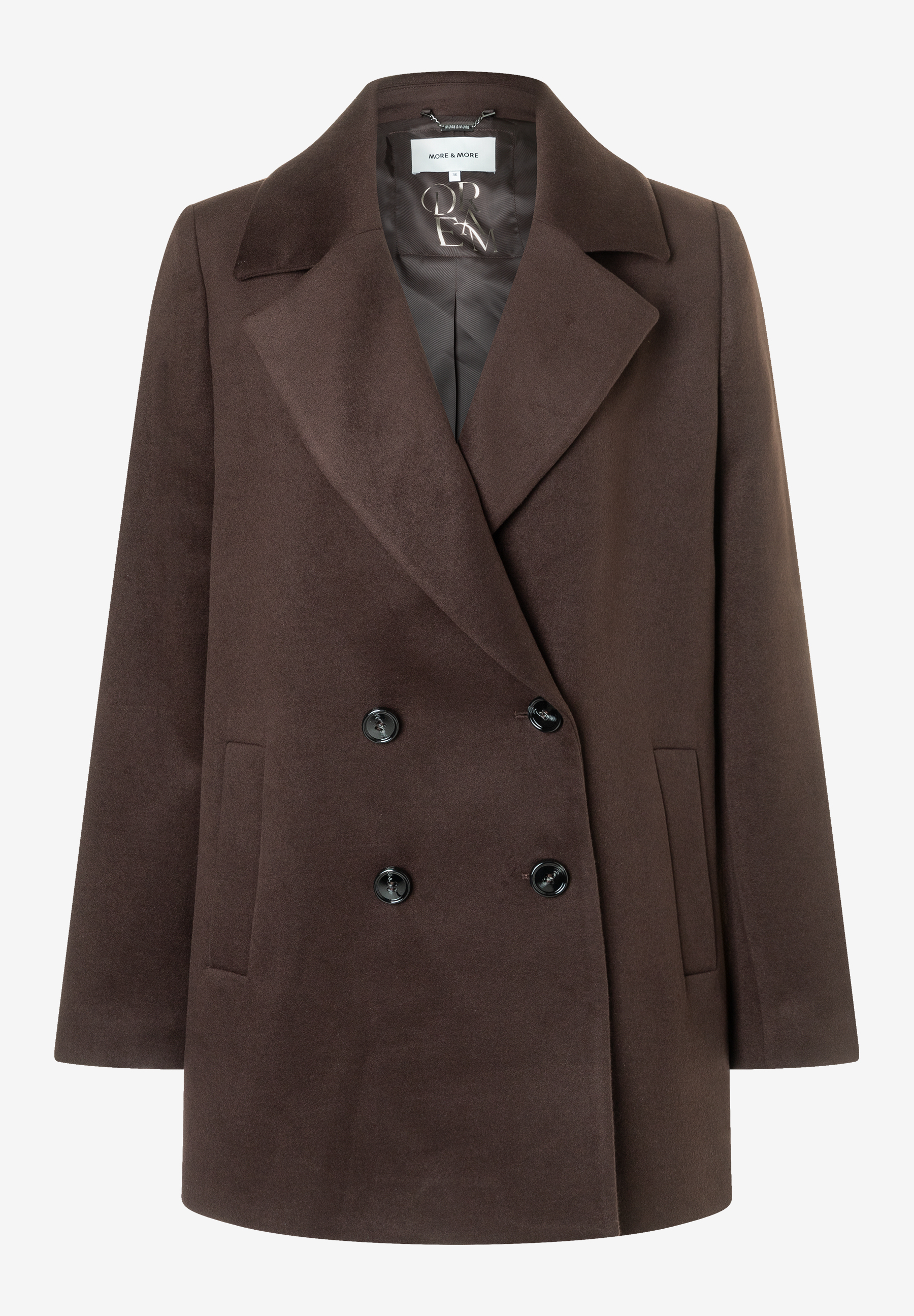Ein brauner Webware-Mantel von MORE & MORE mit angenehmem Tragekomfort und doppelreihiger Knopfleiste. Ein brauner Webware-Mantel von MORE & MORE mit angenehmem Tragekomfort und doppelreihiger Knopfleiste.