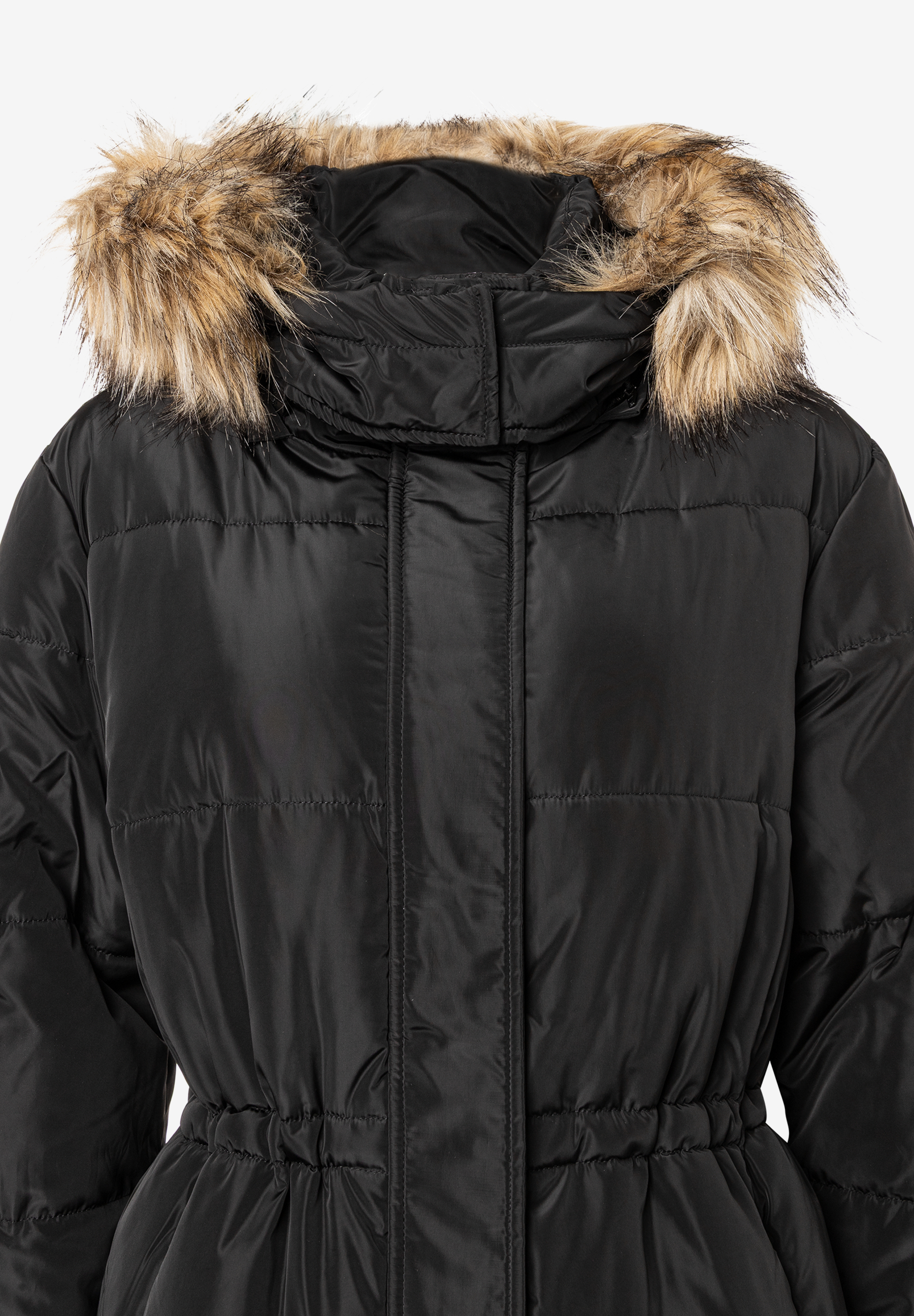 Nahaufnahme einer schwarzen, warmen Webware-Jacke von MORE & MORE mit Fellkapuze. Nahaufnahme einer schwarzen, warmen Webware-Jacke von MORE & MORE mit Fellkapuze.