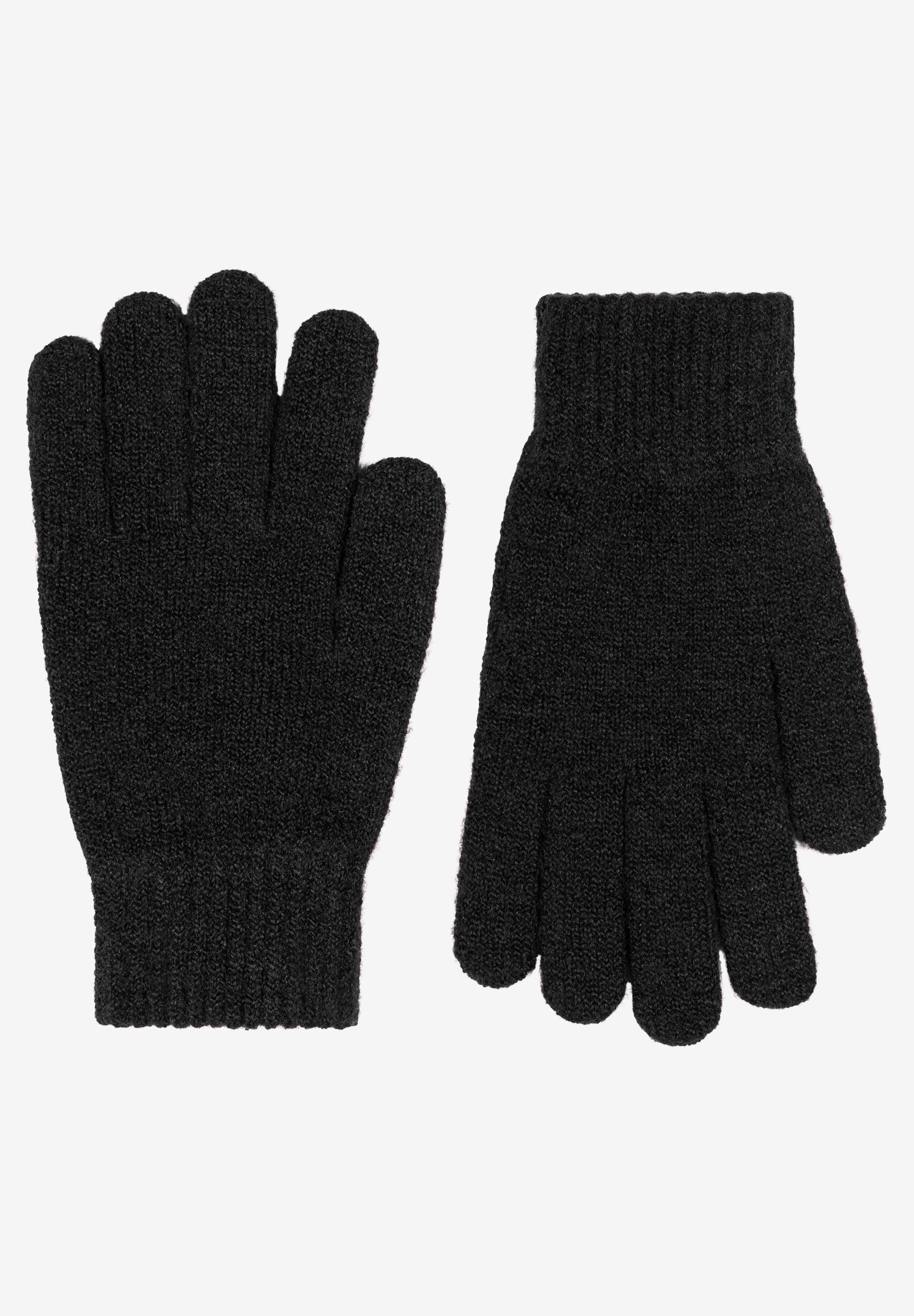 MORE & MORE schwarze Strickhandschuhe aus einer weichen Acryl-Mischung mit Rippbündchen, auf einem weißen Hintergrund. MORE & MORE schwarze Strickhandschuhe aus einer weichen Acryl-Mischung mit Rippbündchen, auf einem weißen Hintergrund.