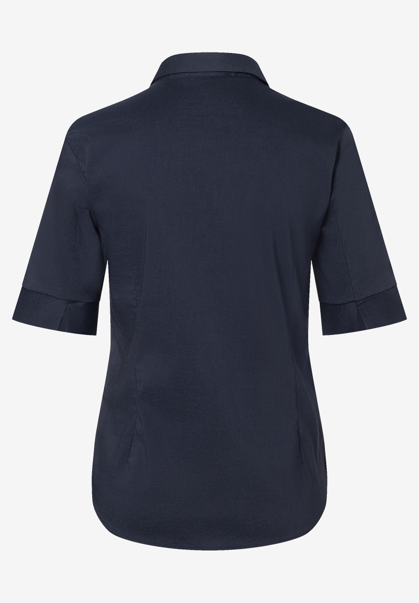 Dunkelblaue MORE & MORE Bluse mit Knopfleiste und halben Ärmeln von hinten. Dunkelblaue MORE & MORE Bluse mit Knopfleiste und halben Ärmeln von hinten.