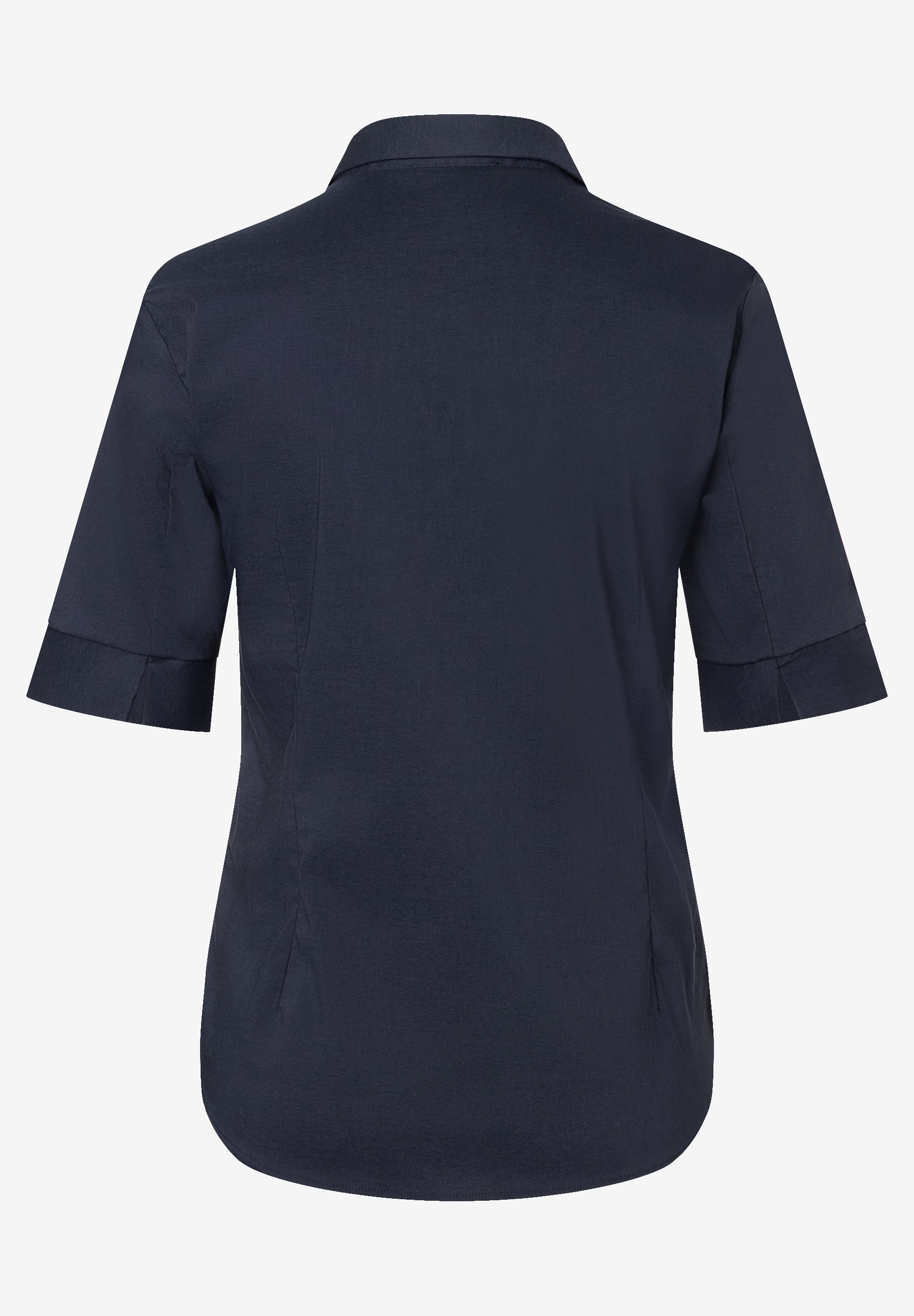 Dunkelblaue MORE & MORE Bluse mit Knopfleiste und halben Ärmeln von hinten. Dunkelblaue MORE & MORE Bluse mit Knopfleiste und halben Ärmeln von hinten.