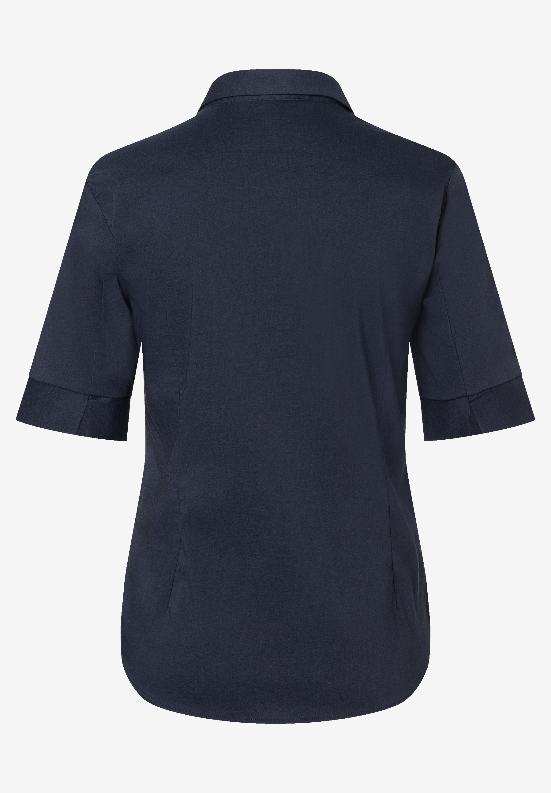Dunkelblaue MORE & MORE Bluse mit Knopfleiste und halben Ärmeln von hinten. Dunkelblaue MORE & MORE Bluse mit Knopfleiste und halben Ärmeln von hinten.