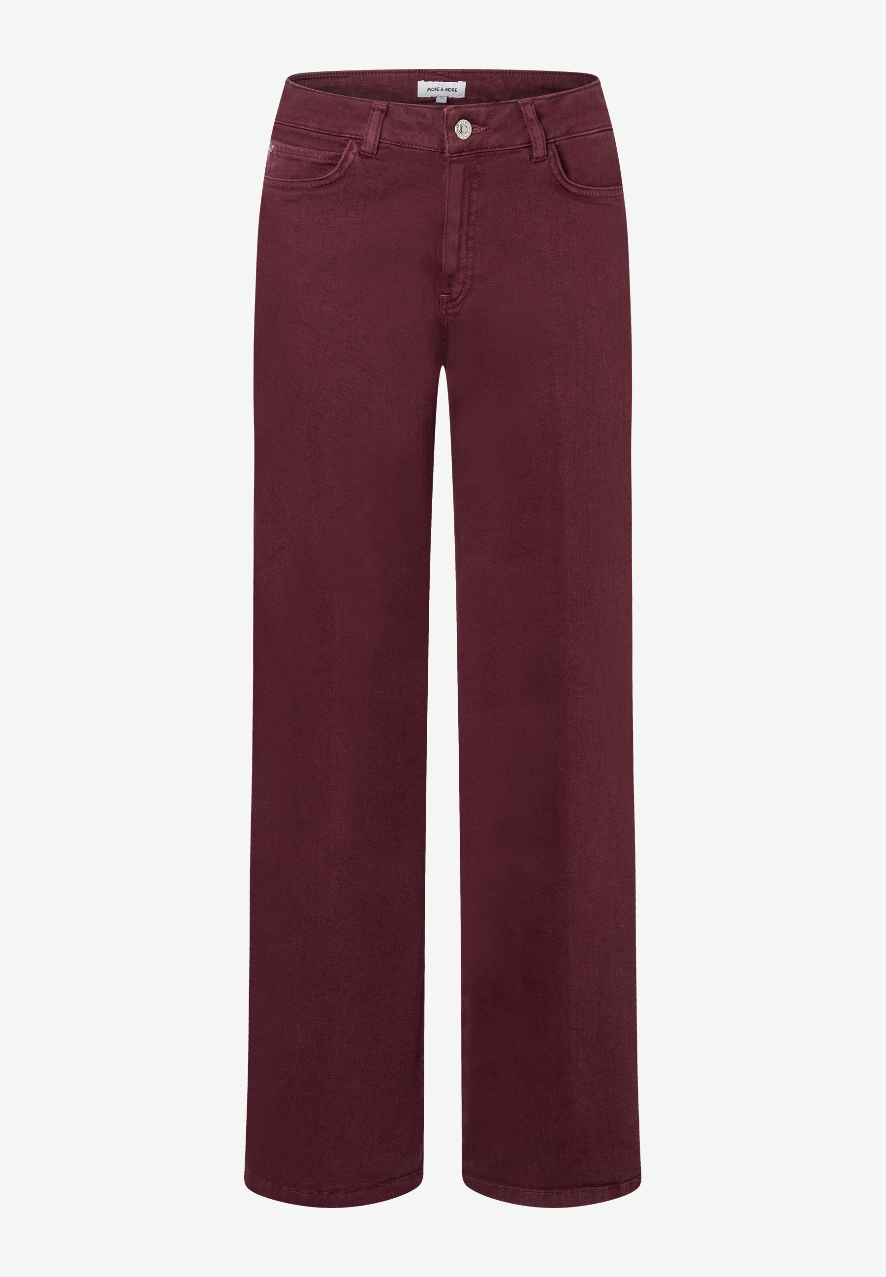 Eine bordeauxrote Denim-Hose von MORE & MORE mit weitem Bein. Eine bordeauxrote Denim-Hose von MORE & MORE mit weitem Bein.