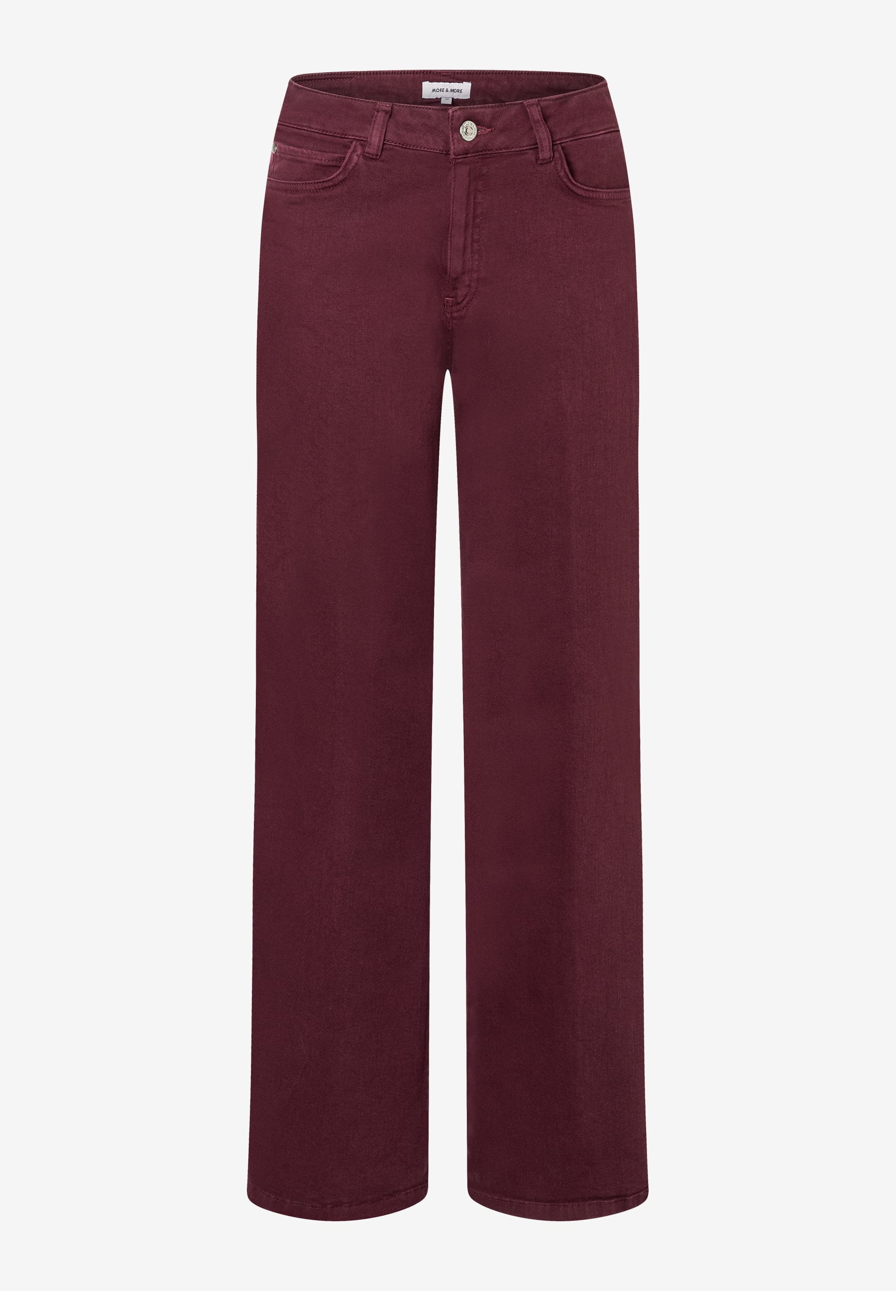 Eine bordeauxrote Denim-Hose von MORE & MORE mit weitem Bein. Eine bordeauxrote Denim-Hose von MORE & MORE mit weitem Bein.