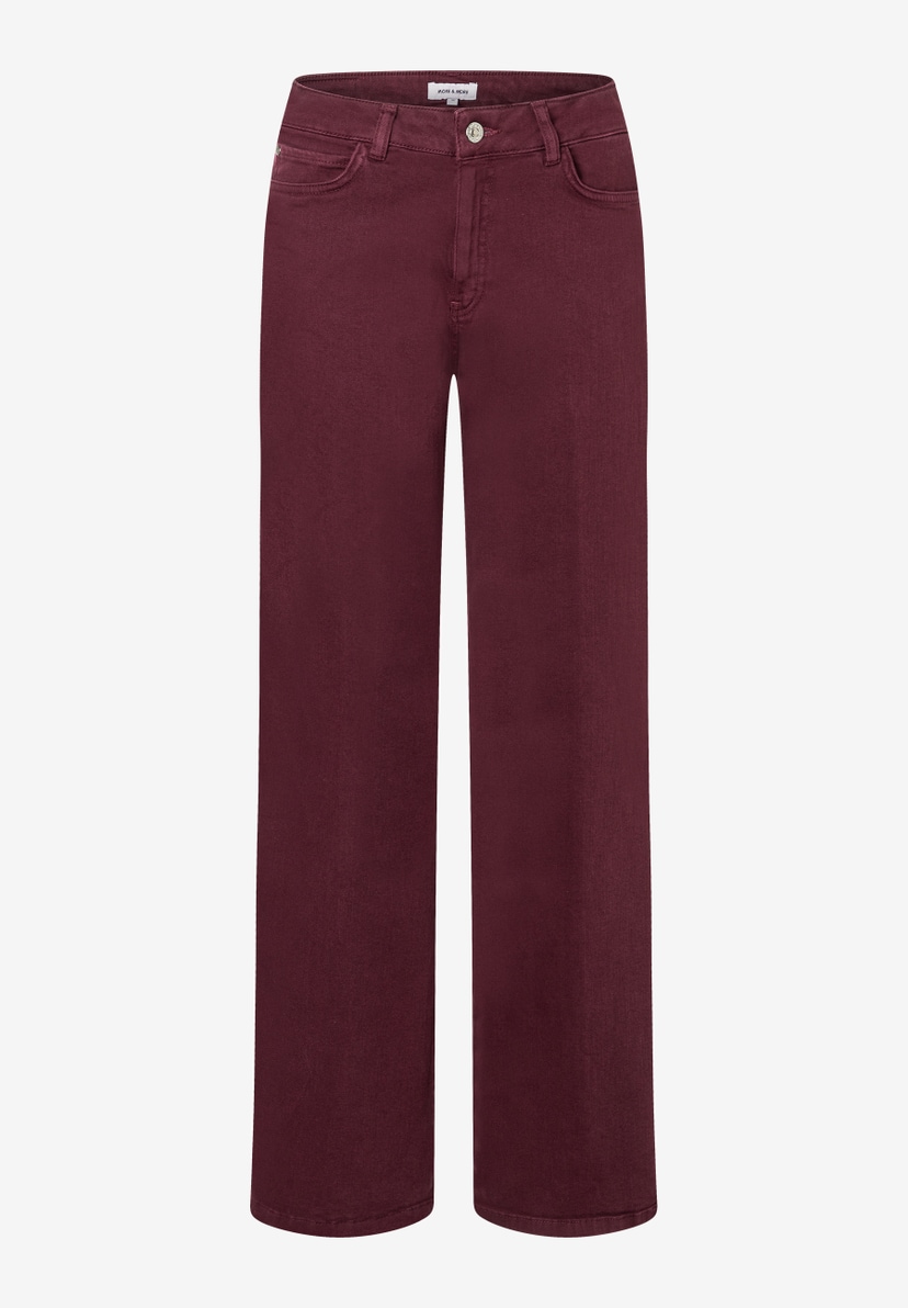 Eine bordeauxrote Denim-Hose von MORE & MORE mit weitem Bein. Eine bordeauxrote Denim-Hose von MORE & MORE mit weitem Bein.