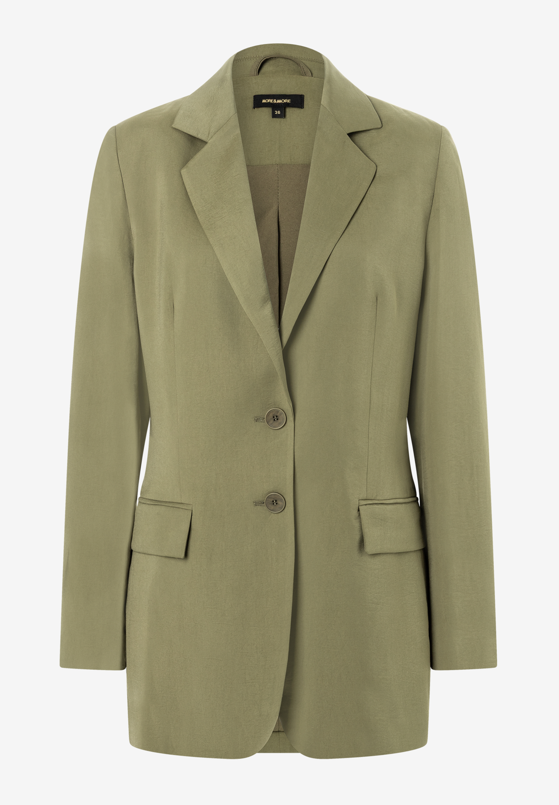Ein olivfarbener Damenblazer von MORE & MORE mit zwei Knöpfen und Taschen. Ein olivfarbener Damenblazer von MORE & MORE mit zwei Knöpfen und Taschen.