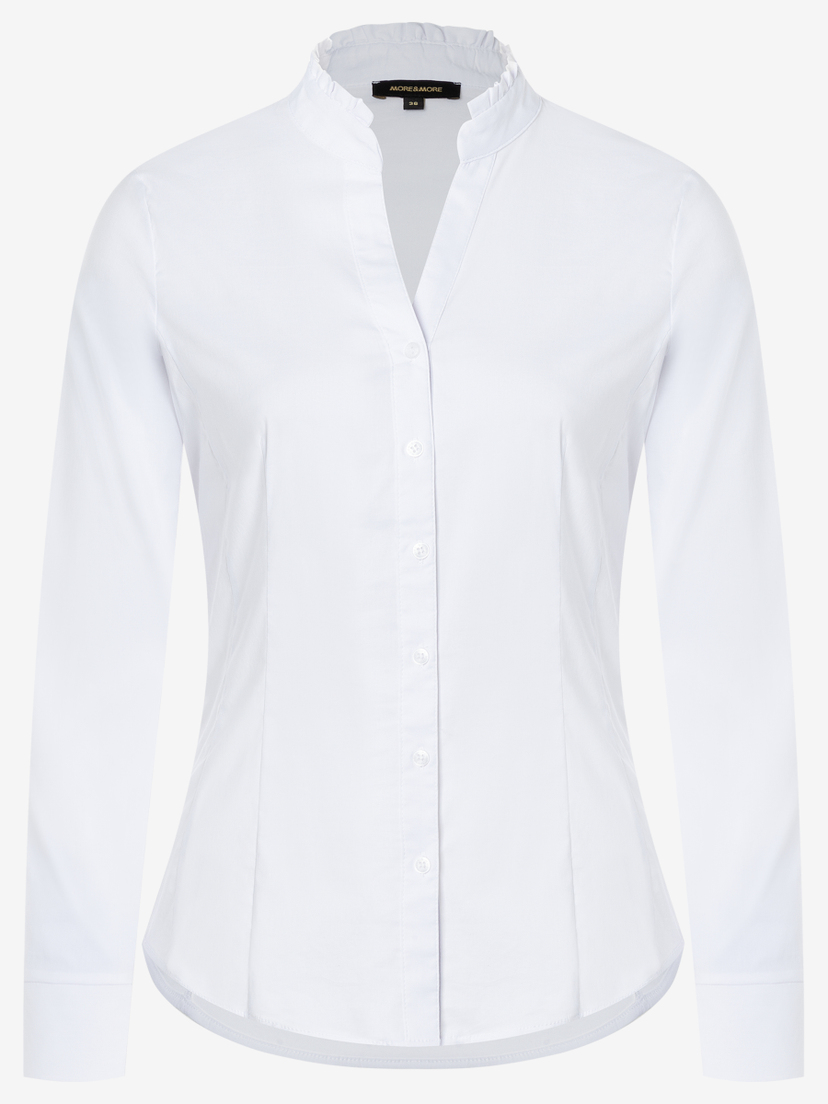 Eine weiße, langärmlige Bluse mit Kräuselkragen der Marke MORE & MORE. Eine weiße, langärmlige Bluse mit Kräuselkragen der Marke MORE & MORE.