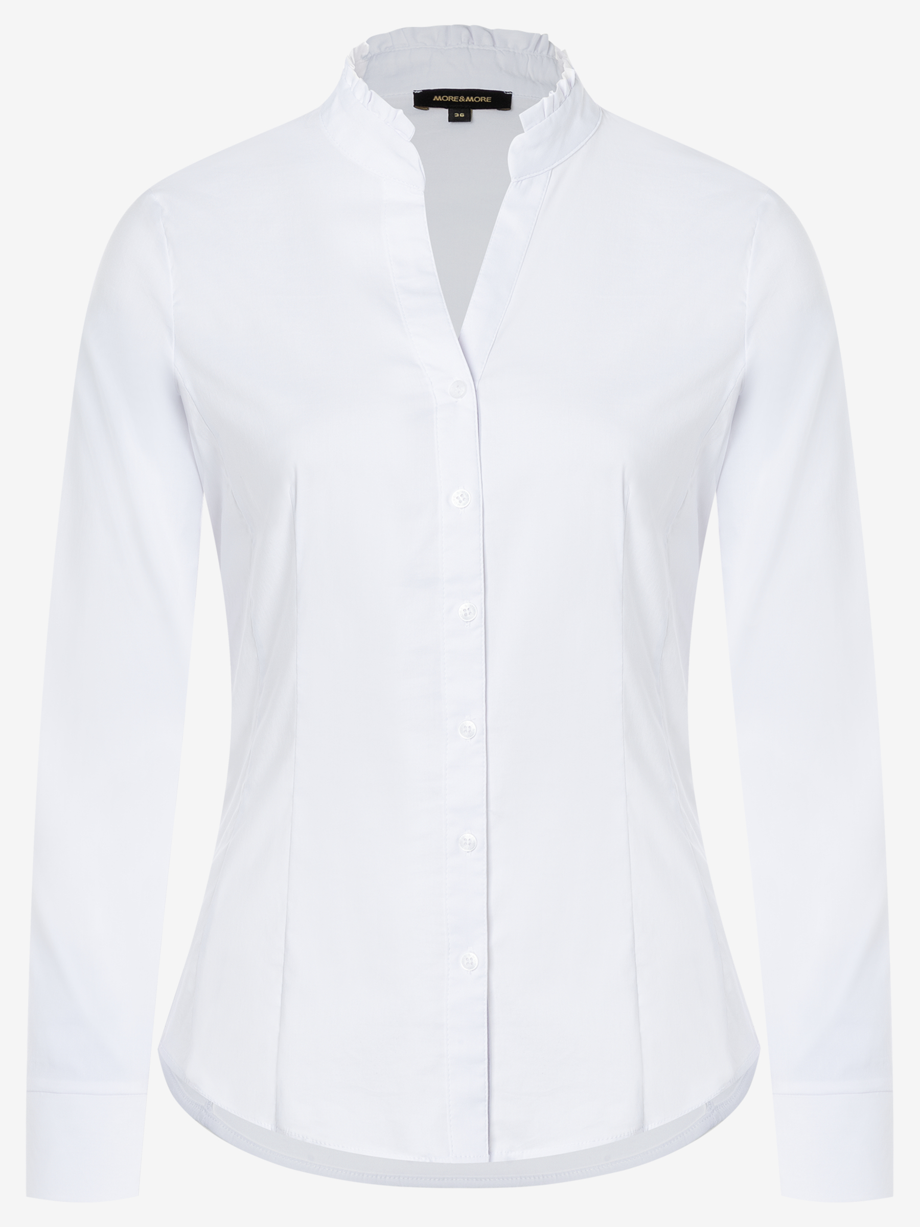 Eine weiße, langärmlige Bluse mit Kräuselkragen der Marke MORE & MORE. Eine weiße, langärmlige Bluse mit Kräuselkragen der Marke MORE & MORE.