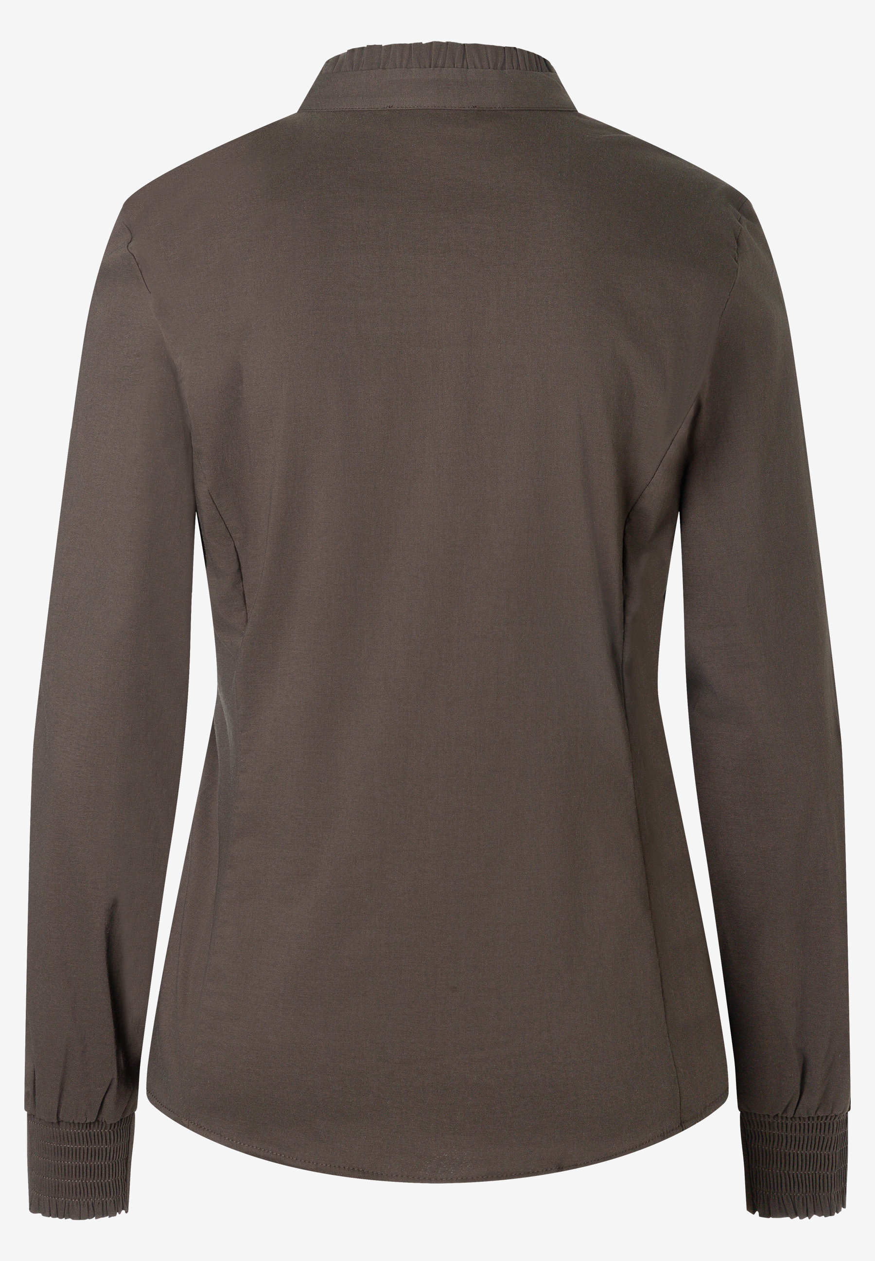 MORE & MORE Bluse: Braunes Oberteil mit langen Ärmeln, gerüschtem Kragen und elastischen Ärmelbündchen, Rückansicht.