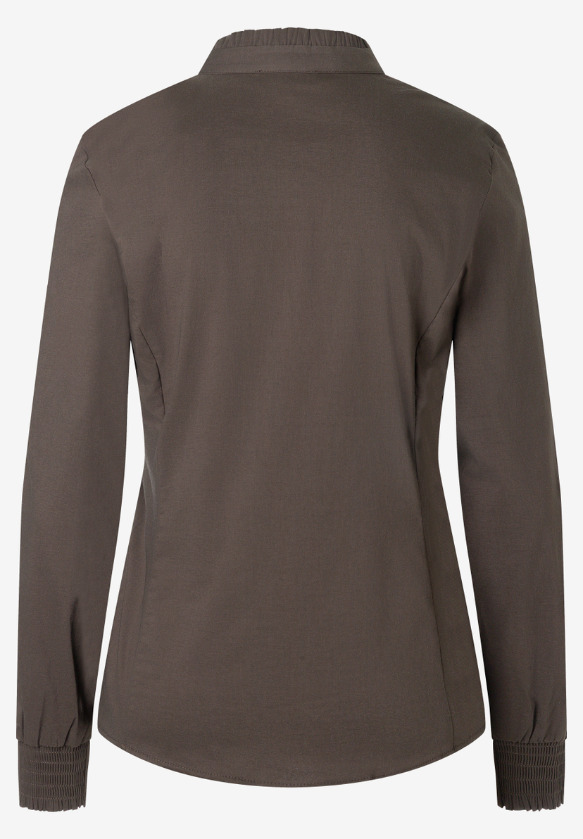 MORE & MORE Bluse: Braunes Oberteil mit langen Ärmeln, gerüschtem Kragen und elastischen Ärmelbündchen, Rückansicht. MORE & MORE Bluse: Braunes Oberteil mit langen Ärmeln, gerüschtem Kragen und elastischen Ärmelbündchen, Rückansicht.