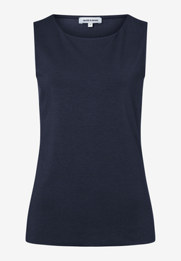 Ein ärmelloses, marineblaues MORE & MORE Oberteil mit Jersey-Material auf einem weißen Hintergrund.