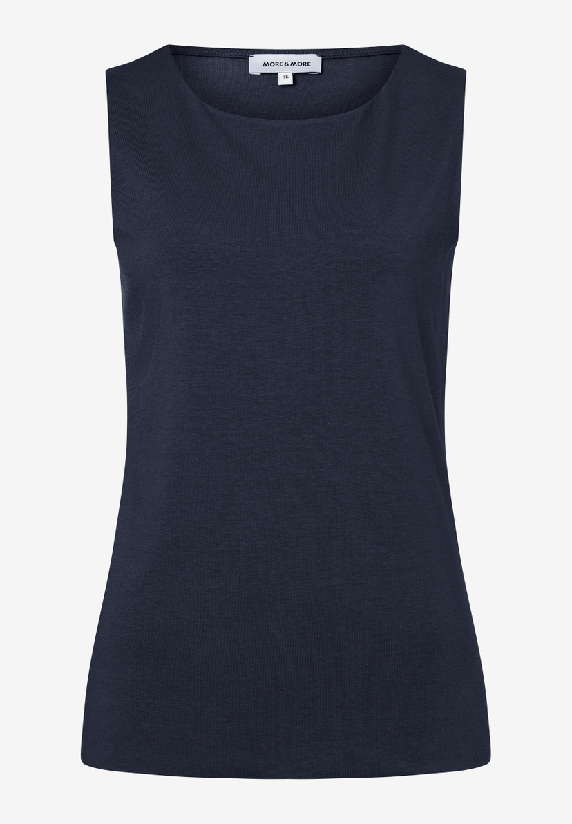 Ein ärmelloses, marineblaues MORE & MORE Oberteil mit Jersey-Material auf einem weißen Hintergrund.