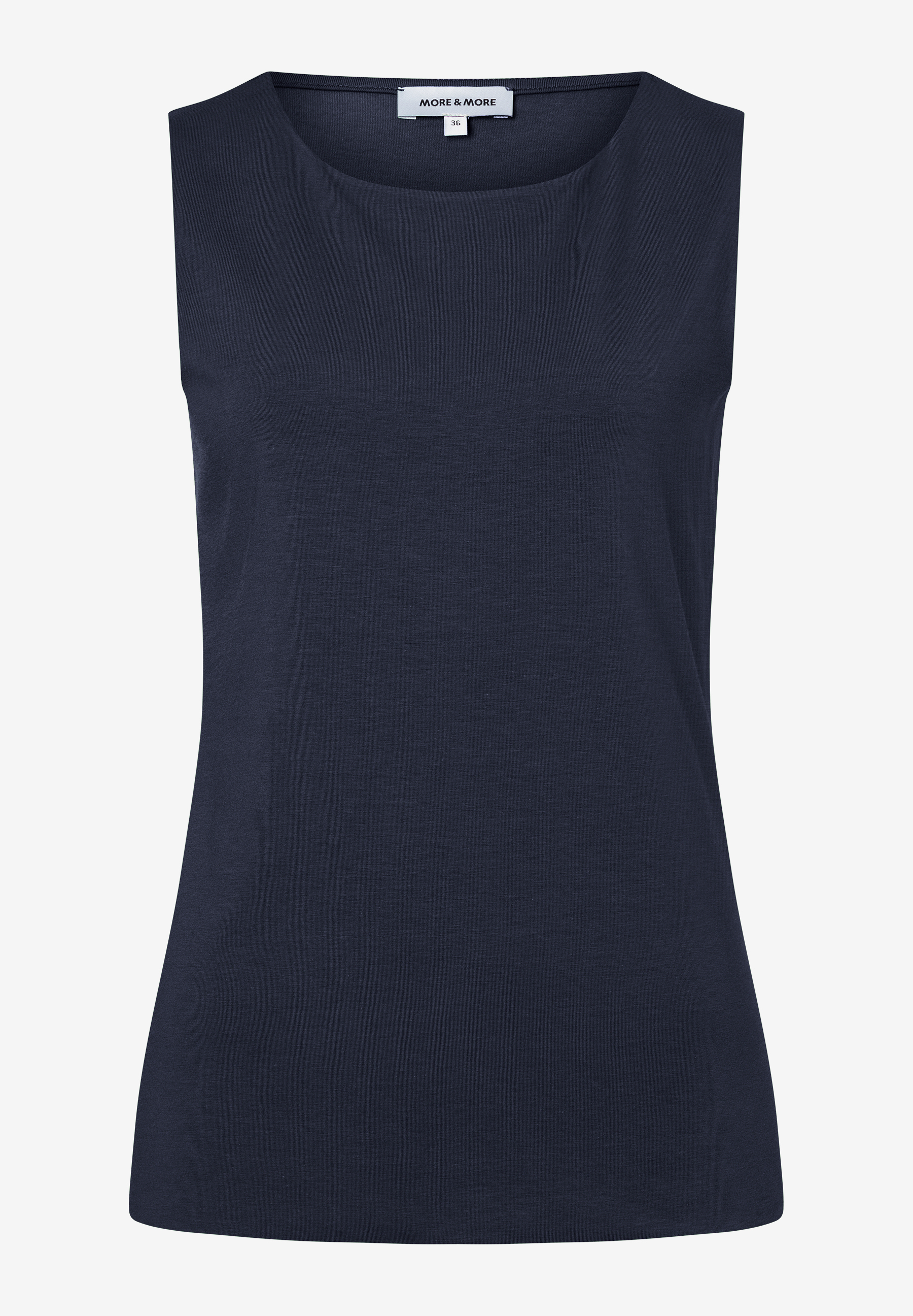 Ein ärmelloses, marineblaues MORE & MORE Oberteil mit Jersey-Material auf einem weißen Hintergrund. Ein ärmelloses, marineblaues MORE & MORE Oberteil mit Jersey-Material auf einem weißen Hintergrund.