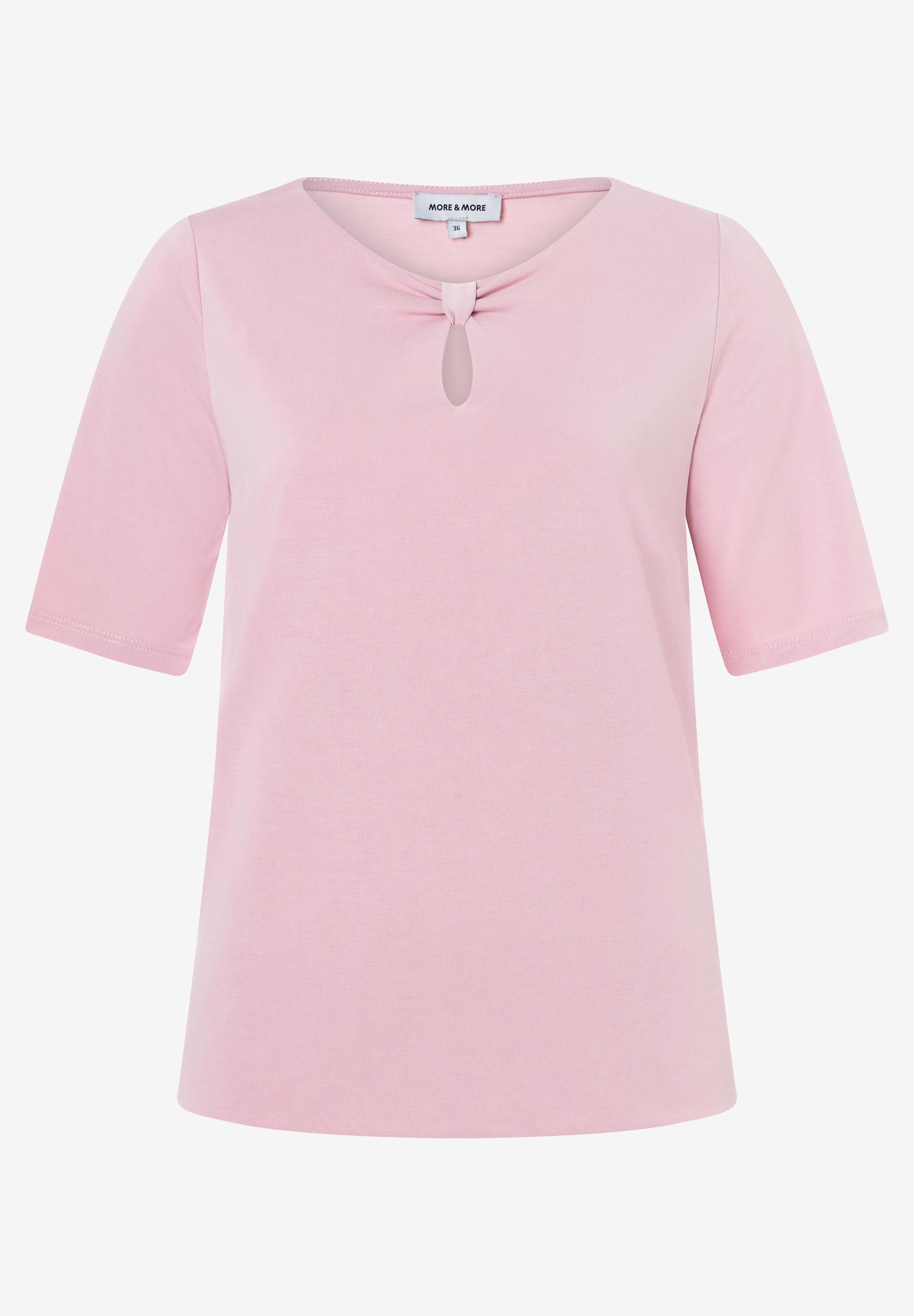 MORE & MORE Jersey-T-Shirt in Rosa mit elegantem Knotendetail am Halsausschnitt, Kurzarm, angenehmer Tragekomfort. MORE & MORE Jersey-T-Shirt in Rosa mit elegantem Knotendetail am Halsausschnitt, Kurzarm, angenehmer Tragekomfort.