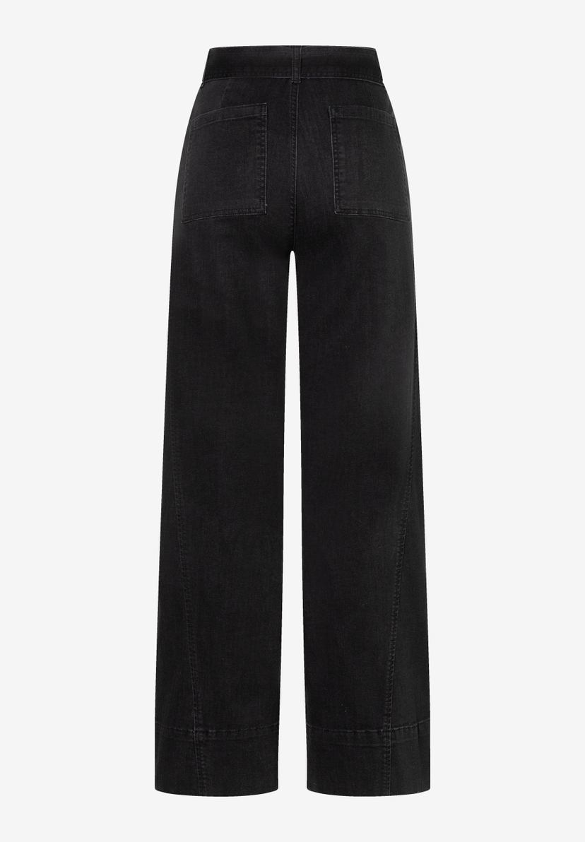 MORE & MORE schwarze Jeans im Marlene-Stil mit hoher Taille und aufgesetzten Gesäßtaschen auf weißem Hintergrund.