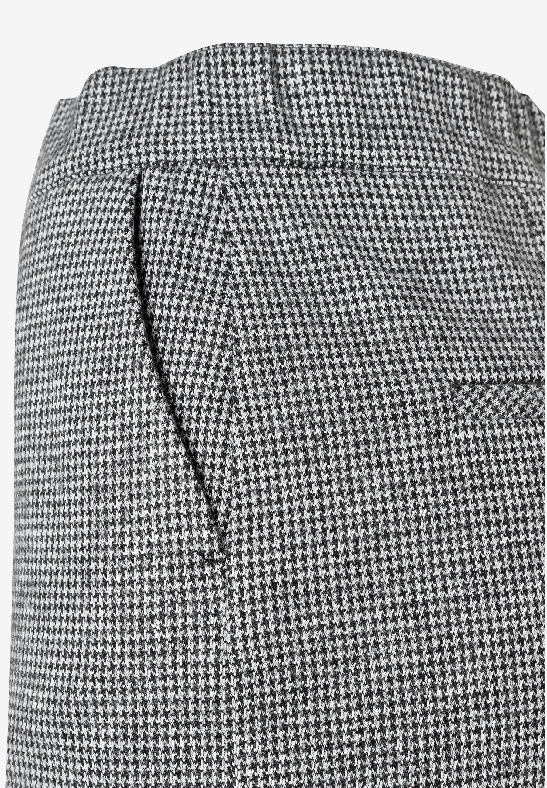 Nahaufnahme vom Bund und einer Tasche des MORE & MORE Rocks mit Hahnentrittmuster. Jersey-Material für Tragekomfort. Nahaufnahme vom Bund und einer Tasche des MORE & MORE Rocks mit Hahnentrittmuster. Jersey-Material für Tragekomfort.