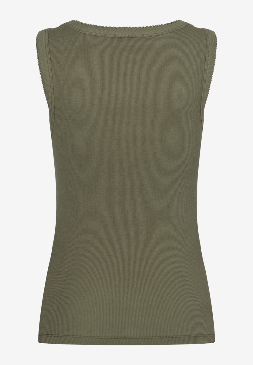 MORE & MORE geripptes Top in Khaki, ärmellos mit Rundhalsausschnitt. Elastisch, hautfreundlich und angenehm zu tragen. MORE & MORE geripptes Top in Khaki, ärmellos mit Rundhalsausschnitt. Elastisch, hautfreundlich und angenehm zu tragen.