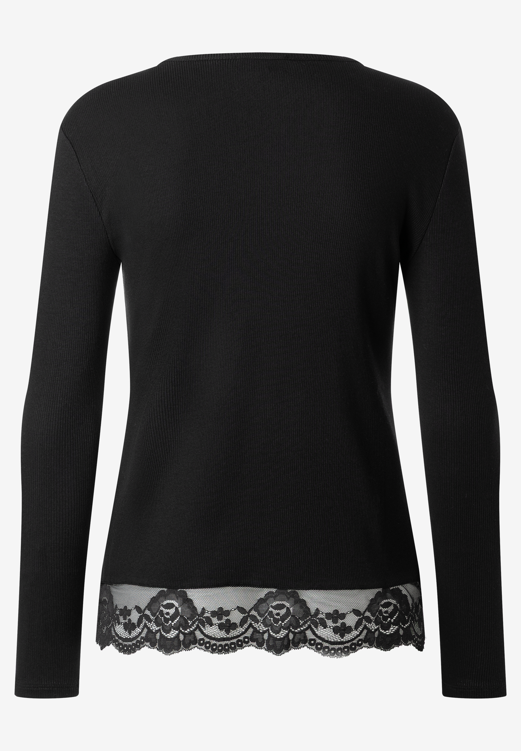 MORE & MORE Rippstrick-Shirt in Schwarz mit zarter Spitzenverzierung am Saum, Rückenansicht. MORE & MORE Rippstrick-Shirt in Schwarz mit zarter Spitzenverzierung am Saum, Rückenansicht.