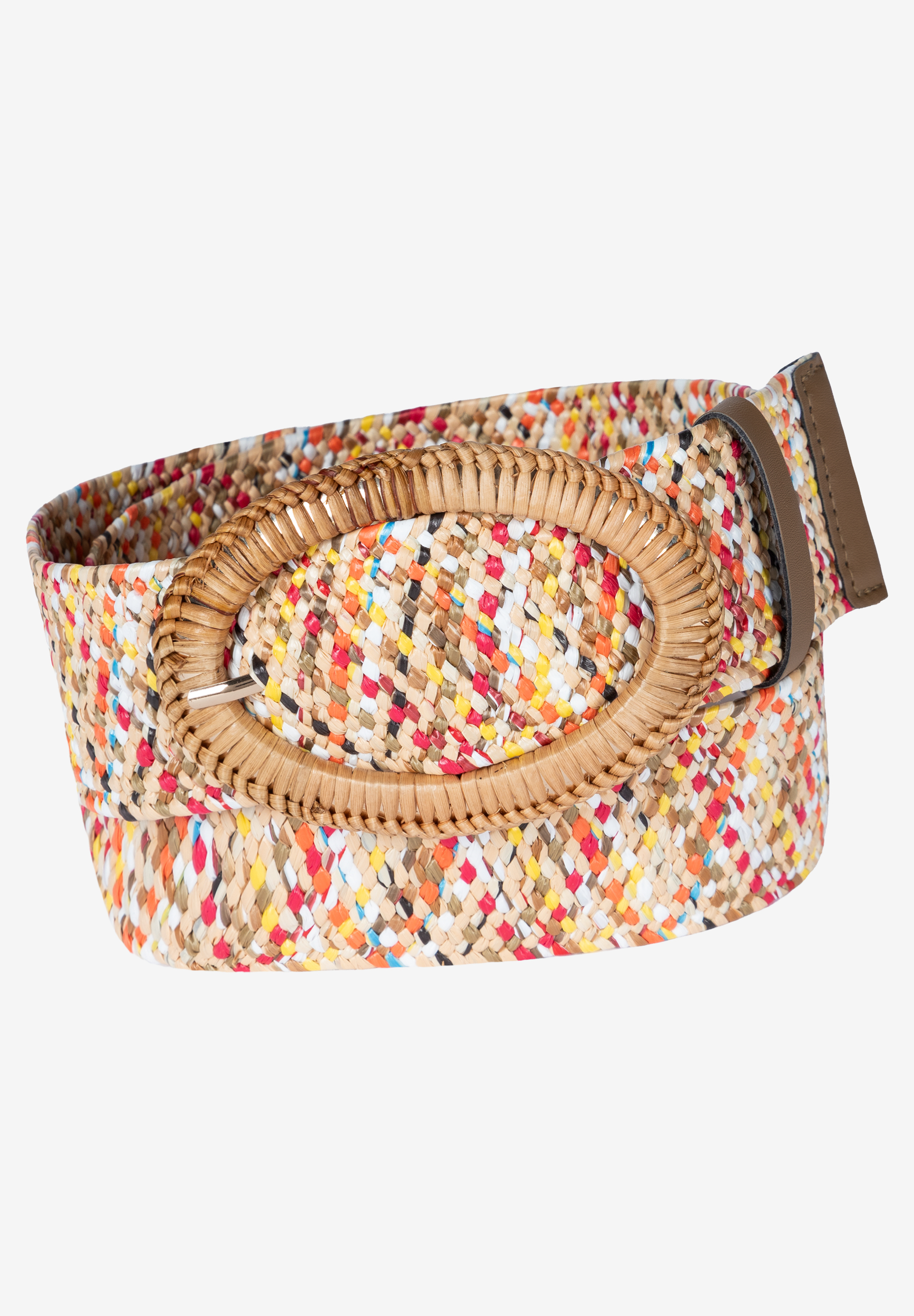 Ein MORE & MORE Accessoire: ein gewebter, bunter Gürtel mit großer Schnalle liegt auf hellem Grund.