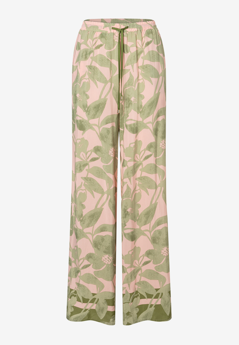 MORE & MORE Damen-Jeans aus fließender Viskose, gemustert in Rosa und Grün mit Kordelzug und geradem Bein. MORE & MORE Damen-Jeans aus fließender Viskose, gemustert in Rosa und Grün mit Kordelzug und geradem Bein.