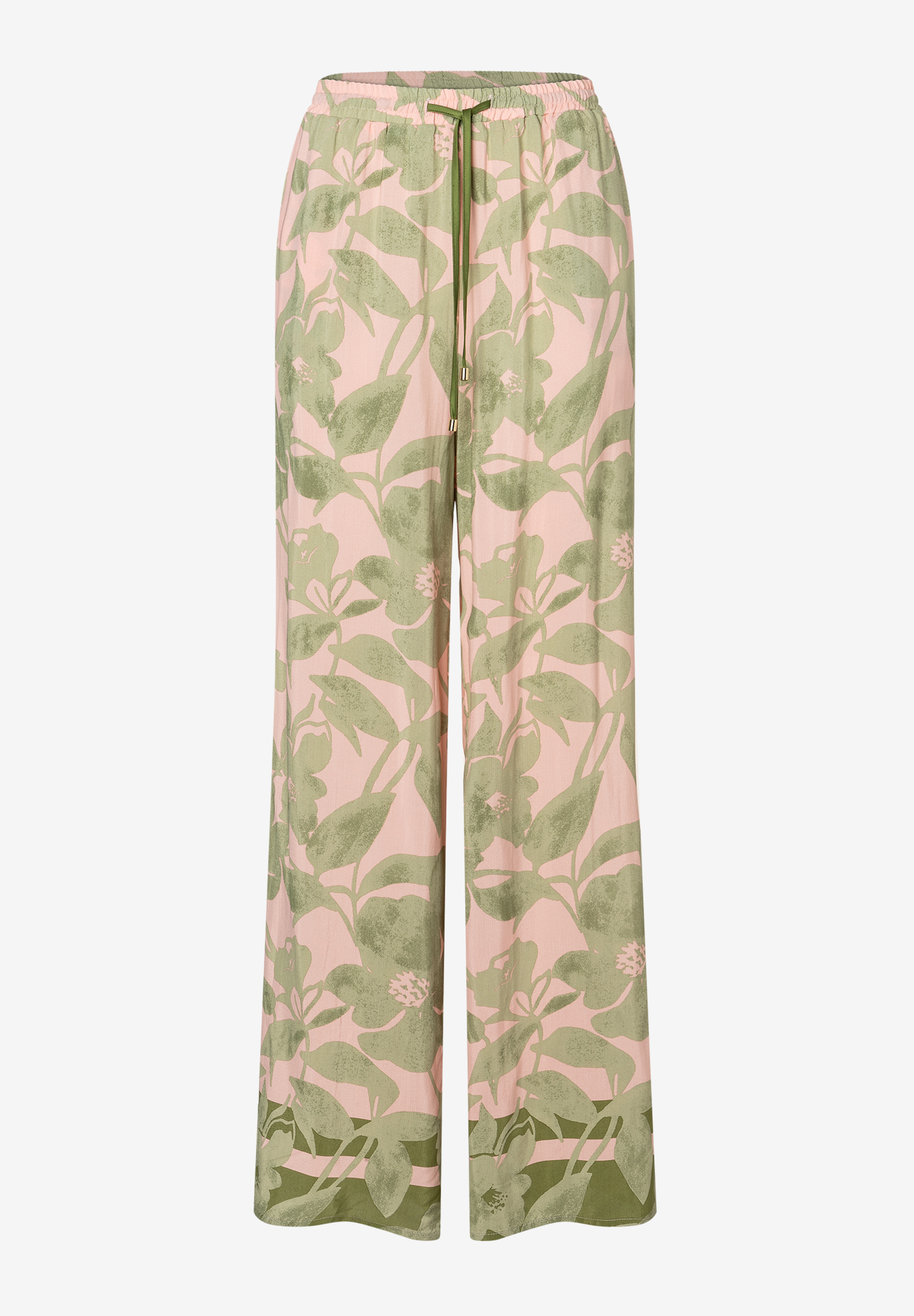 MORE & MORE Damen-Jeans aus fließender Viskose, gemustert in Rosa und Grün mit Kordelzug und geradem Bein. MORE & MORE Damen-Jeans aus fließender Viskose, gemustert in Rosa und Grün mit Kordelzug und geradem Bein.