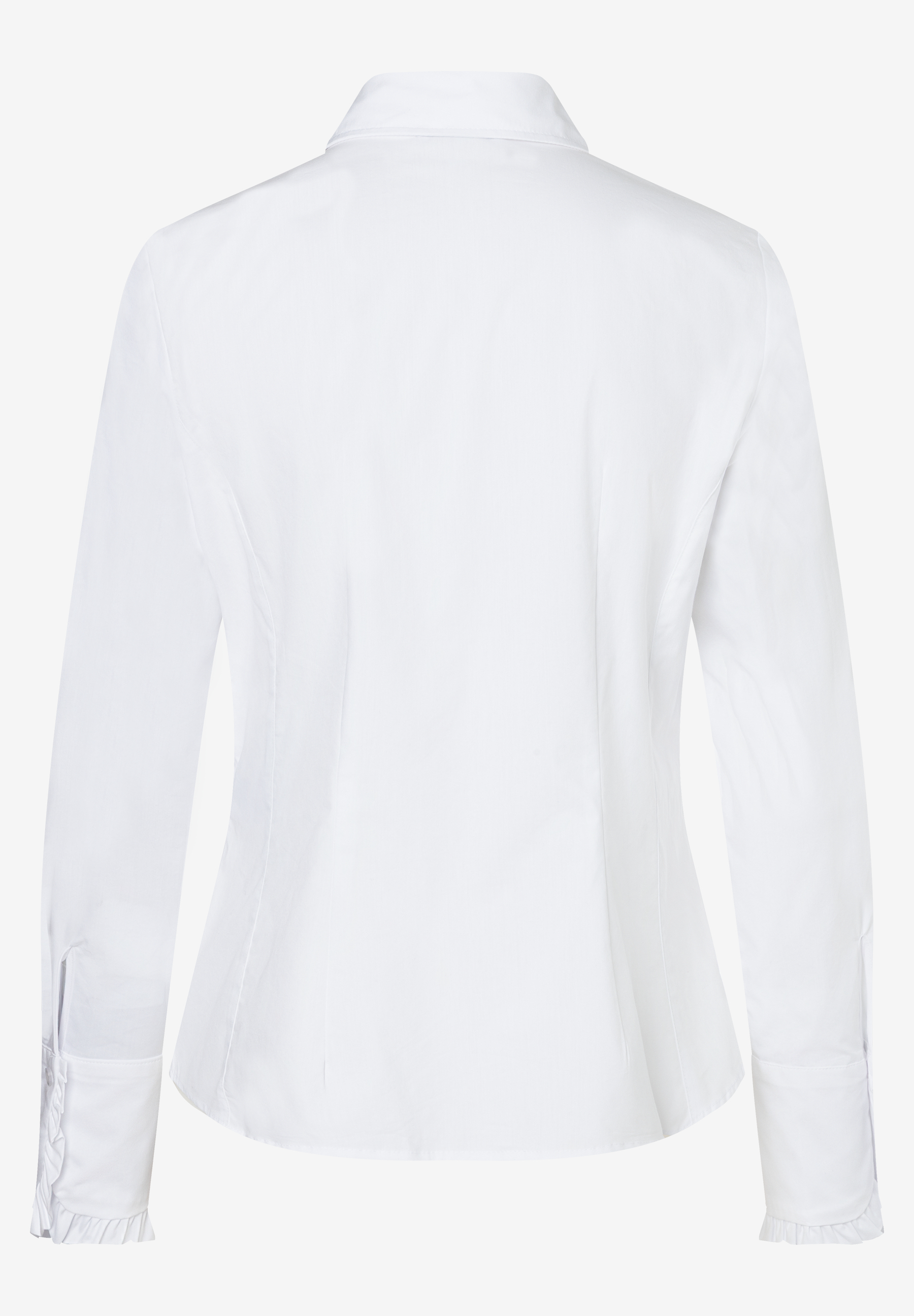 MORE & MORE Damen-Bluse in Weiß, Rückansicht. Lange Ärmel mit Rüschenmanschetten. Schlichter Hemdkragen.