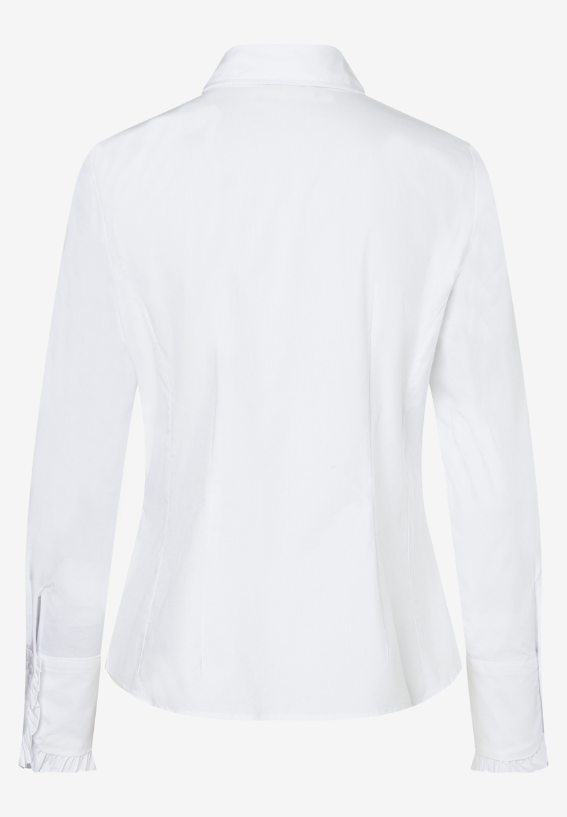 MORE & MORE Damen-Bluse in Weiß, Rückansicht. Lange Ärmel mit Rüschenmanschetten. Schlichter Hemdkragen. MORE & MORE Damen-Bluse in Weiß, Rückansicht. Lange Ärmel mit Rüschenmanschetten. Schlichter Hemdkragen.