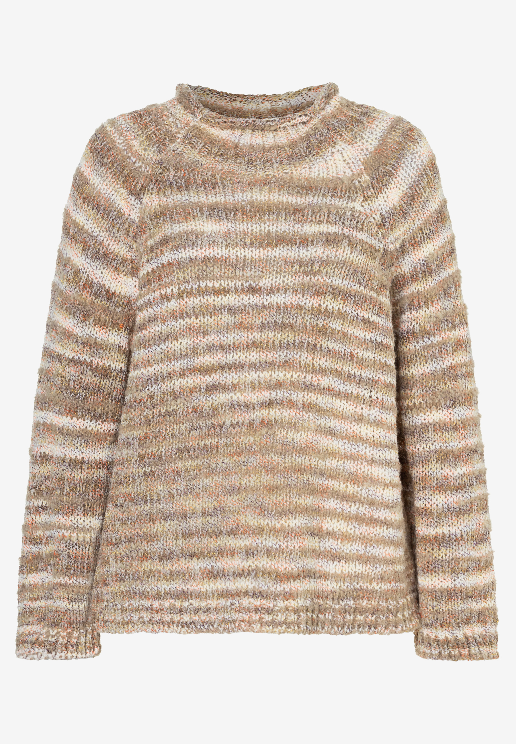 MORE & MORE Pullover mit Streifenmuster in Beige- und Brauntönen, leichter Stehkragen, Raglanärmel, gemütlicher Strick.