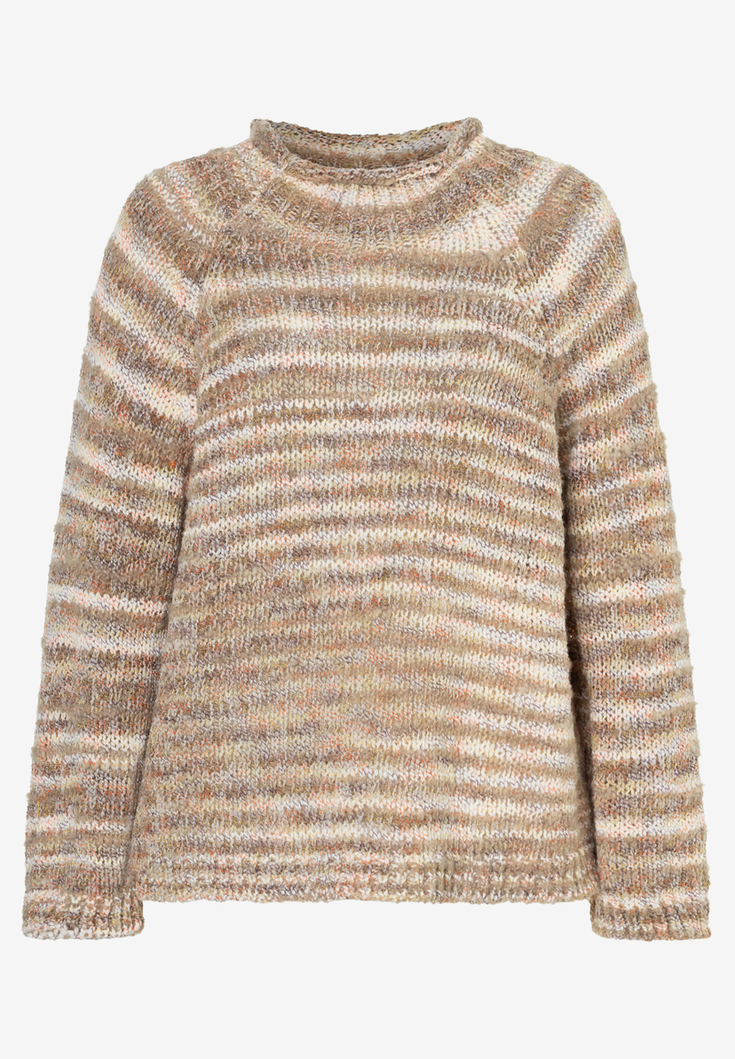 MORE & MORE Pullover mit Streifenmuster in Beige- und Brauntönen, leichter Stehkragen, Raglanärmel, gemütlicher Strick.