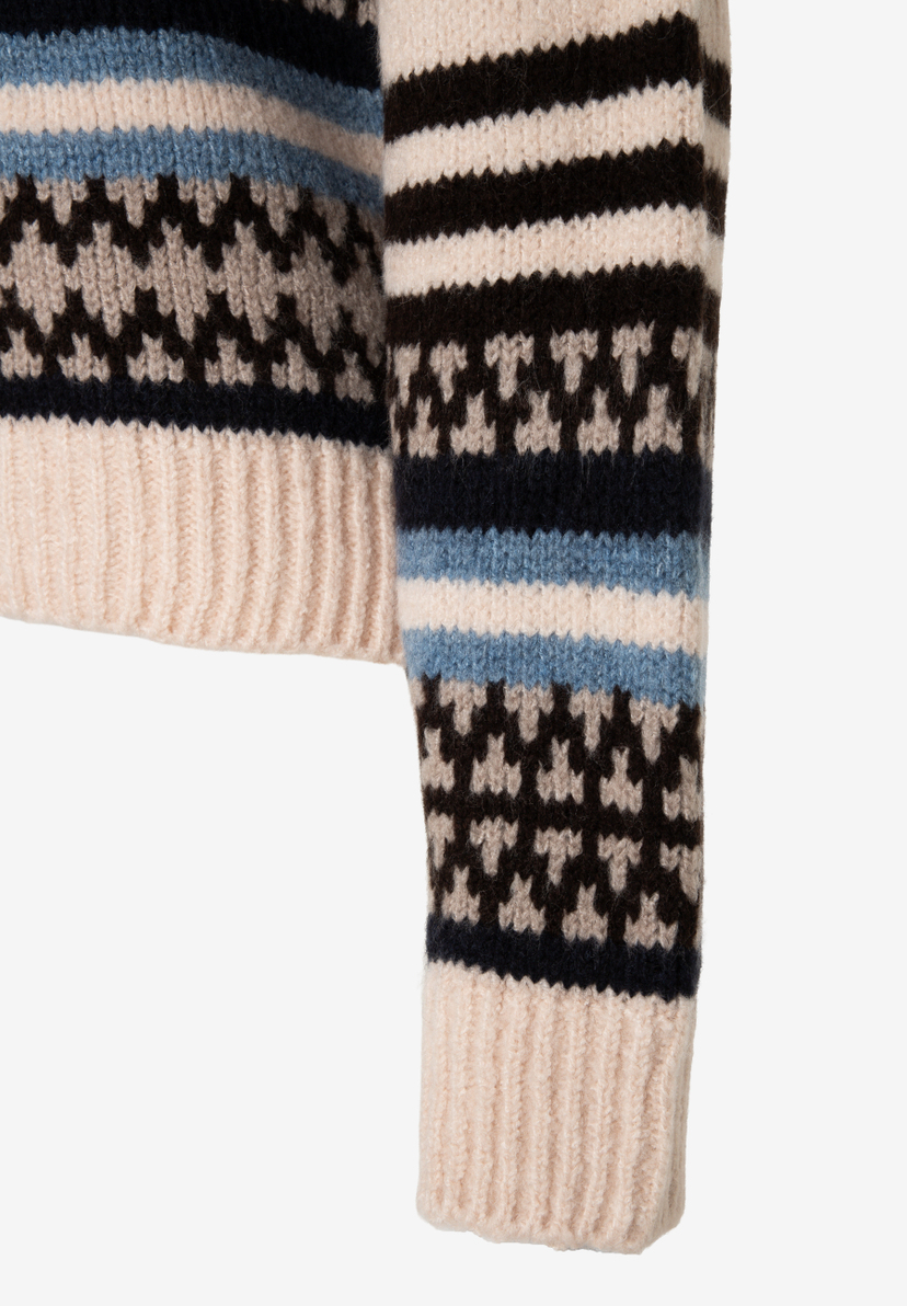 MORE & MORE Pullover: Ärmel mit Streifen und Fair-Isle-Muster in Schwarz, Beige & Blau.