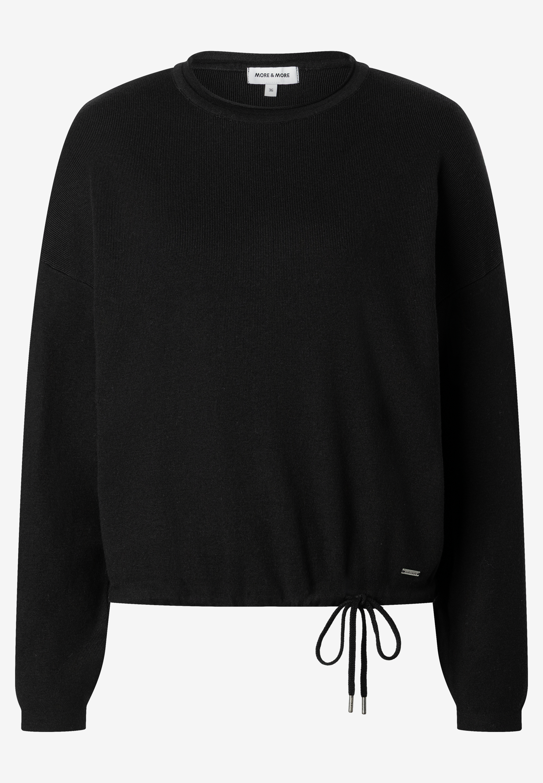 MORE & MORE Pullover aus schwarzem Strick mit gerippter Struktur und Kordelzug am Saum.