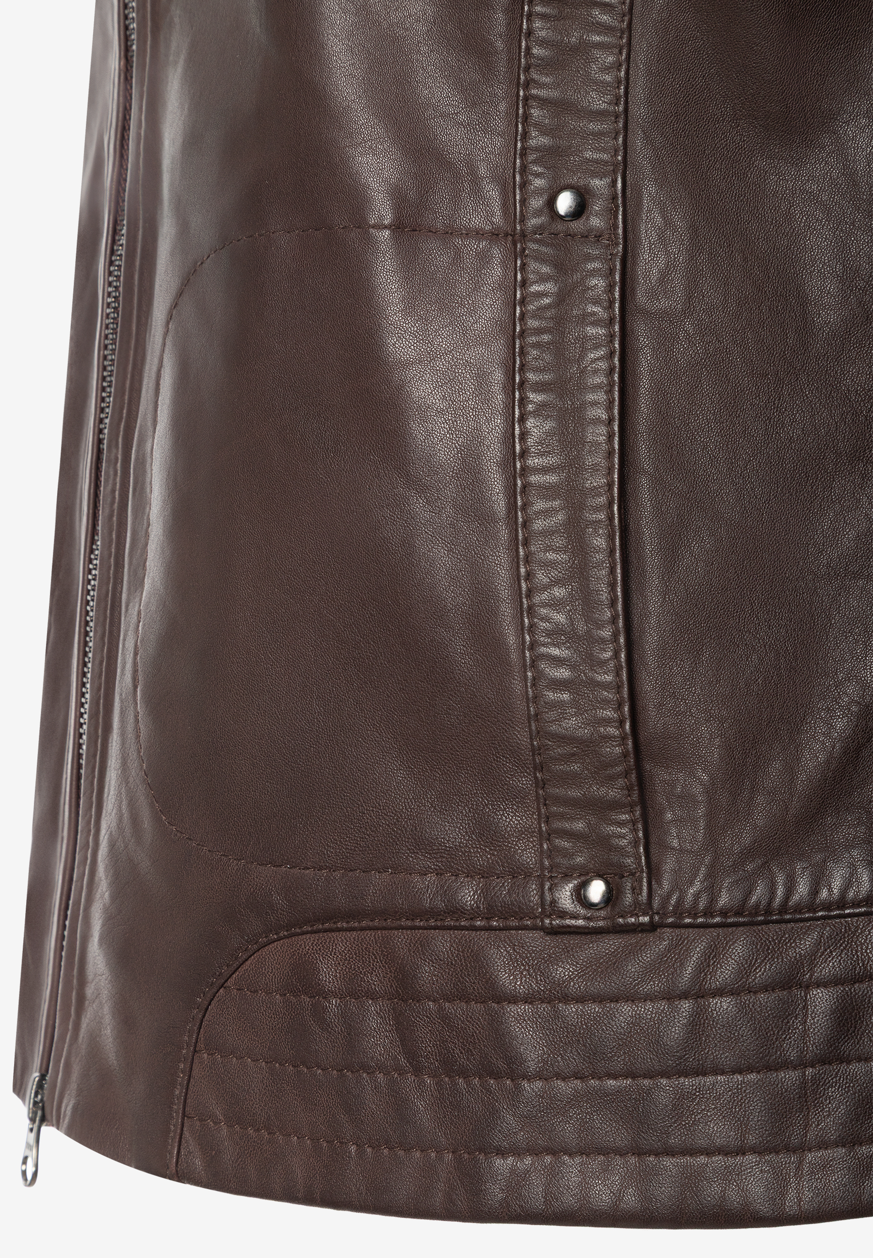 MORE & MORE Lederjacke in Dunkelbraun, mit Reißverschluss, Druckknöpfen und Steppdetails am unteren Saum.