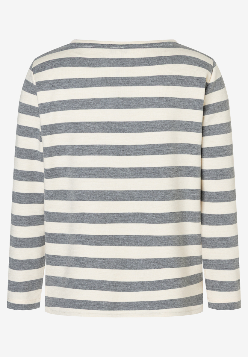 Ein MORE & MORE Oberteil mit langen Ärmeln und grauen, horizontalen Streifen. Ein MORE & MORE Oberteil mit langen Ärmeln und grauen, horizontalen Streifen.