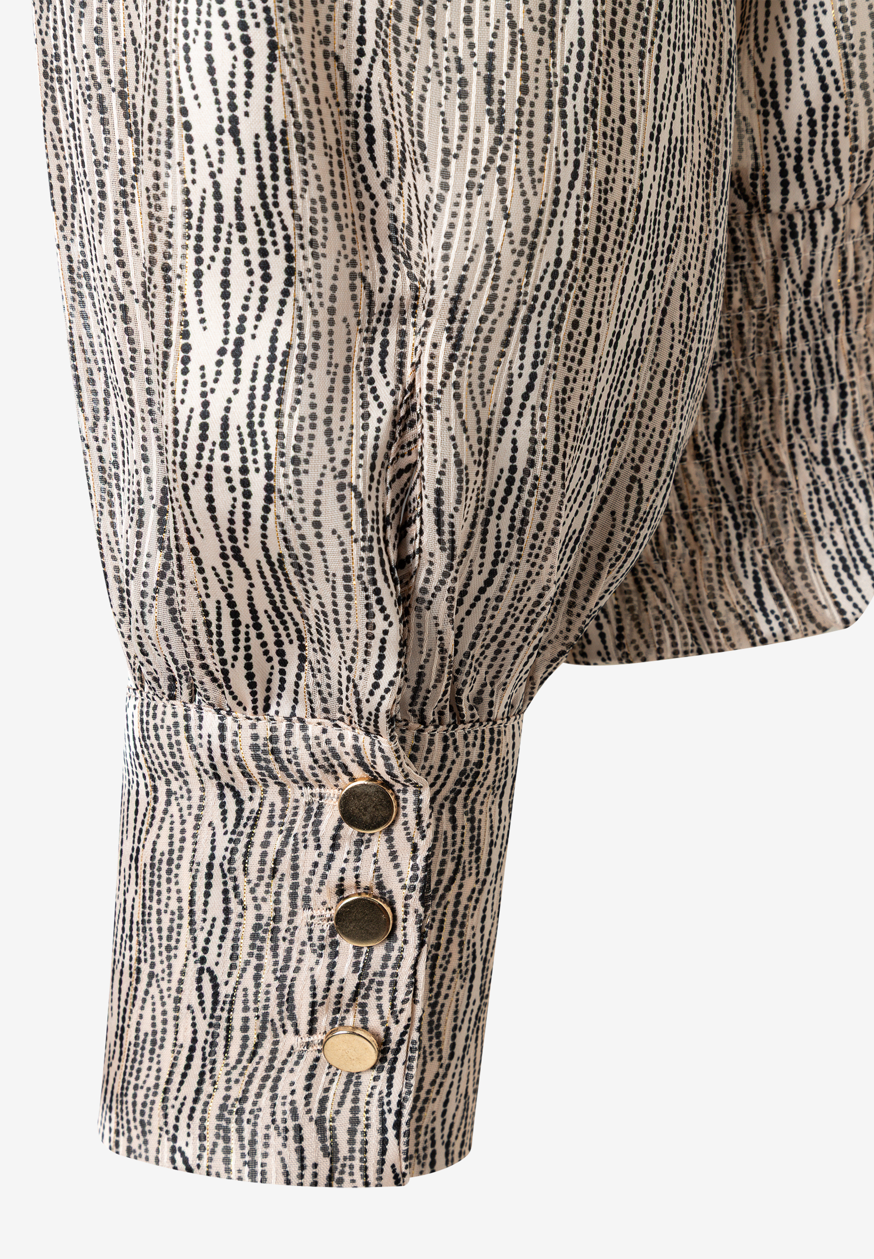 MORE & MORE Bluse: gemusterter Stoff mit schwarzen Punkten, goldfarbenen Linien & Manschette mit drei Goldknöpfen.
