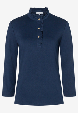 MORE & MORE T-Shirt, Navy, mit Stehkragen und Rüschenbesatz, goldene Knöpfe, lange Ärmel.