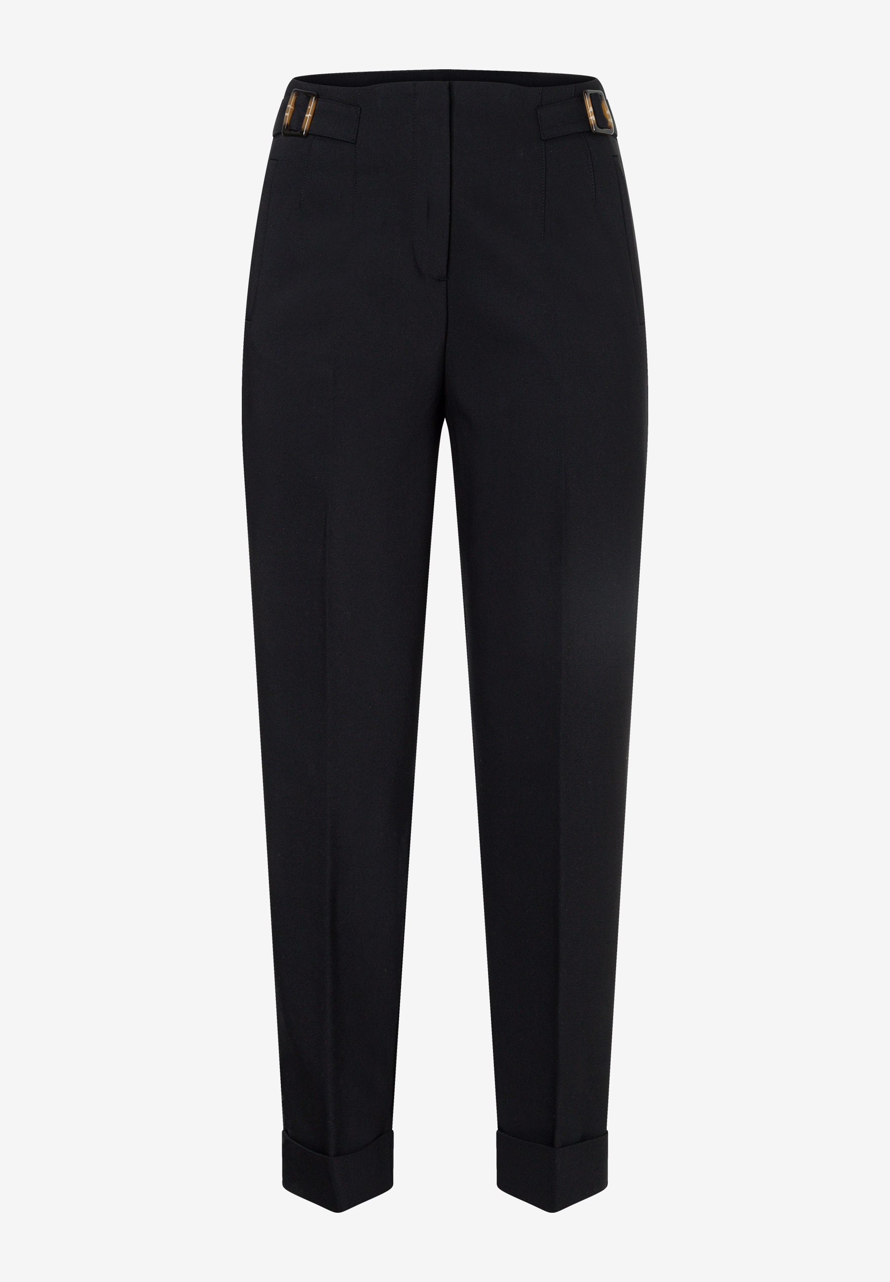 MORE & MORE schwarze Damen-Jeans mit Umschlag an den Beinenden und verstellbaren Schnallen am Bund, auf weißem Grund. MORE & MORE schwarze Damen-Jeans mit Umschlag an den Beinenden und verstellbaren Schnallen am Bund, auf weißem Grund.