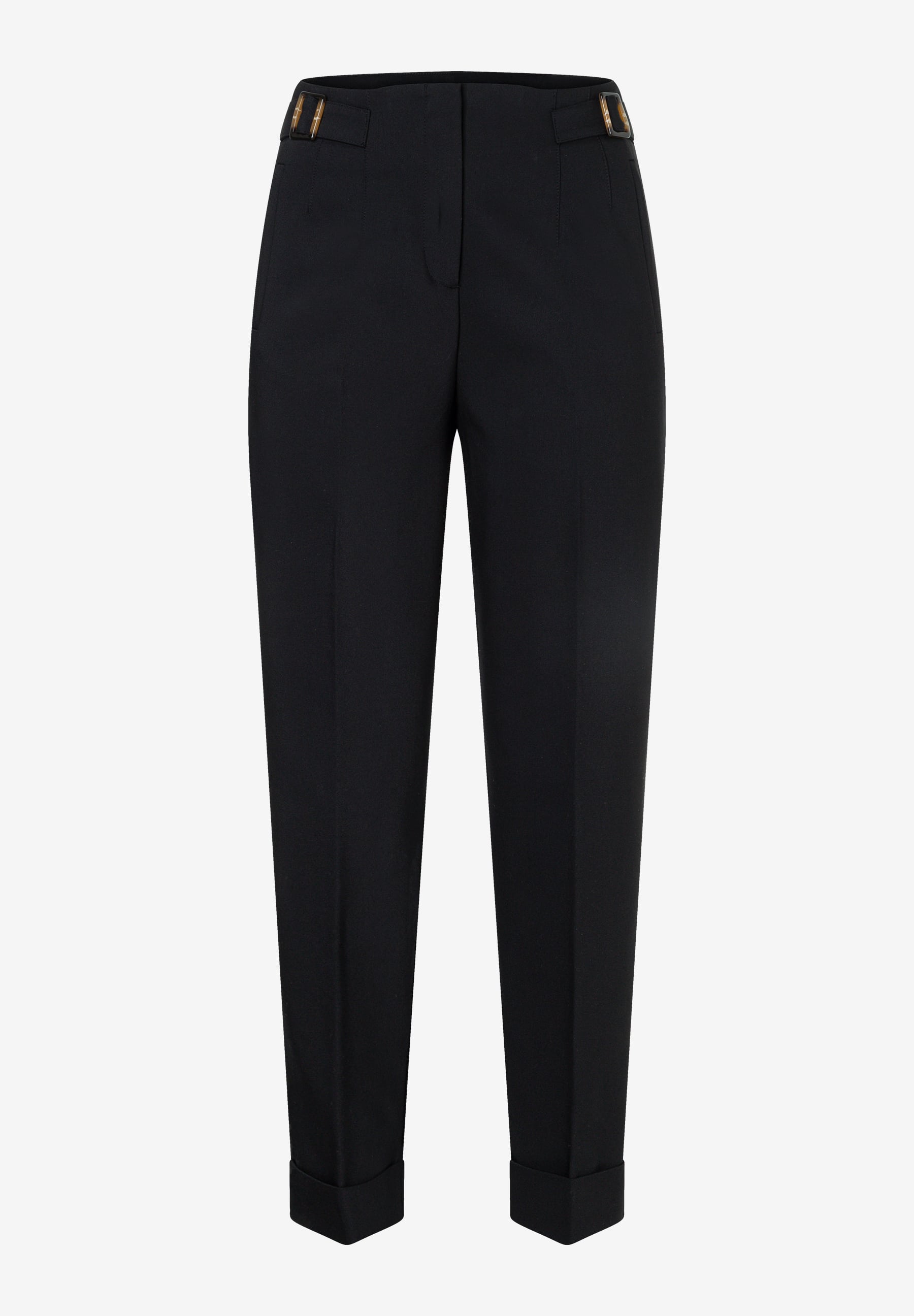 MORE & MORE schwarze Damen-Jeans mit Umschlag an den Beinenden und verstellbaren Schnallen am Bund, auf weißem Grund.