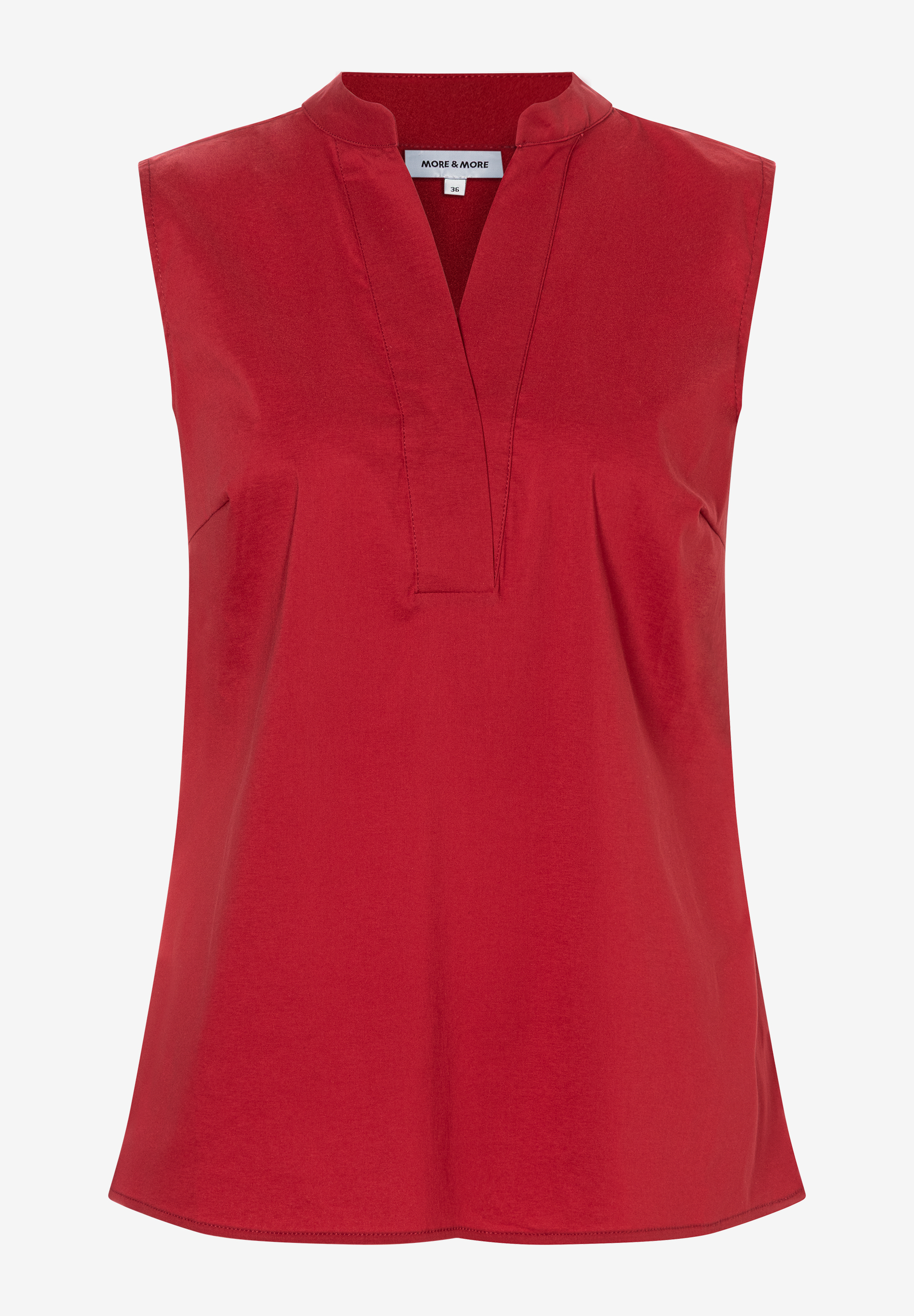 MORE & MORE rote ärmellose Bluse mit V-Ausschnitt, Stehkragen und gerafften Schultern. MORE & MORE rote ärmellose Bluse mit V-Ausschnitt, Stehkragen und gerafften Schultern.
