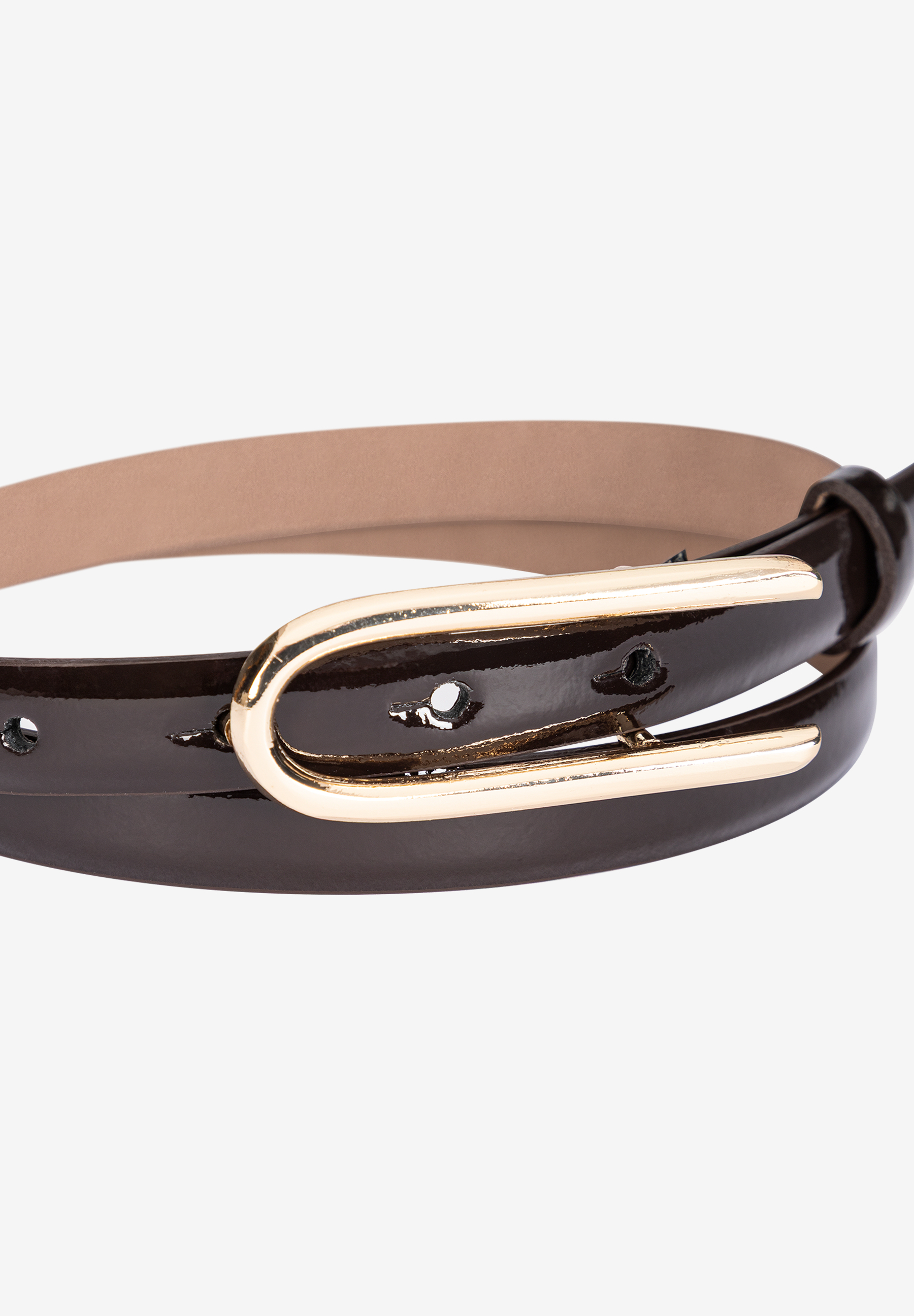 Ein schmaler, brauner MORE & MORE Lackledergürtel mit goldener Schnalle. Ein schmaler, brauner MORE & MORE Lackledergürtel mit goldener Schnalle.