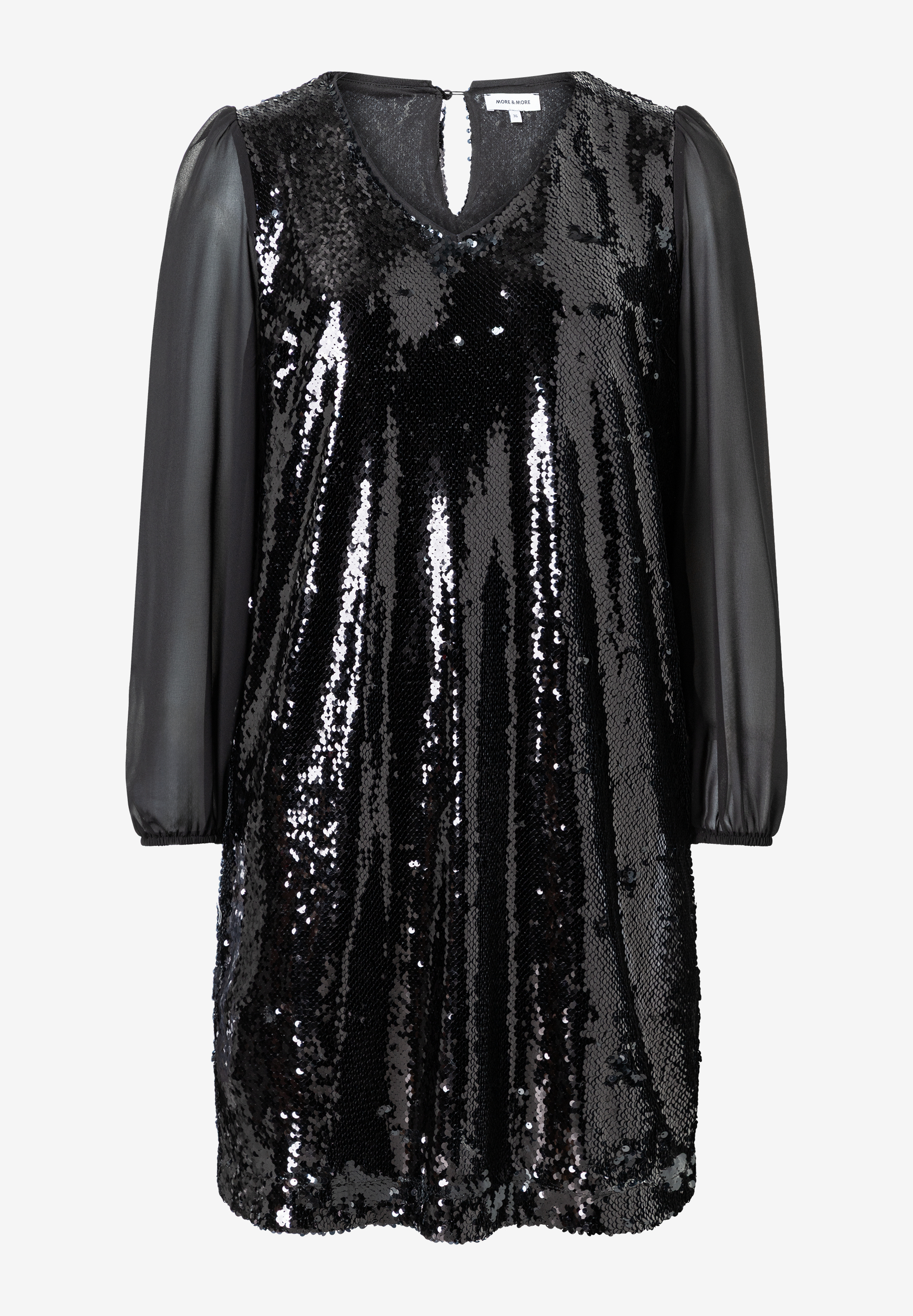 Ein schwarzes Pailletten-Oberteil von MORE & MORE mit transparenten Ärmeln. Ein schwarzes Pailletten-Oberteil von MORE & MORE mit transparenten Ärmeln.