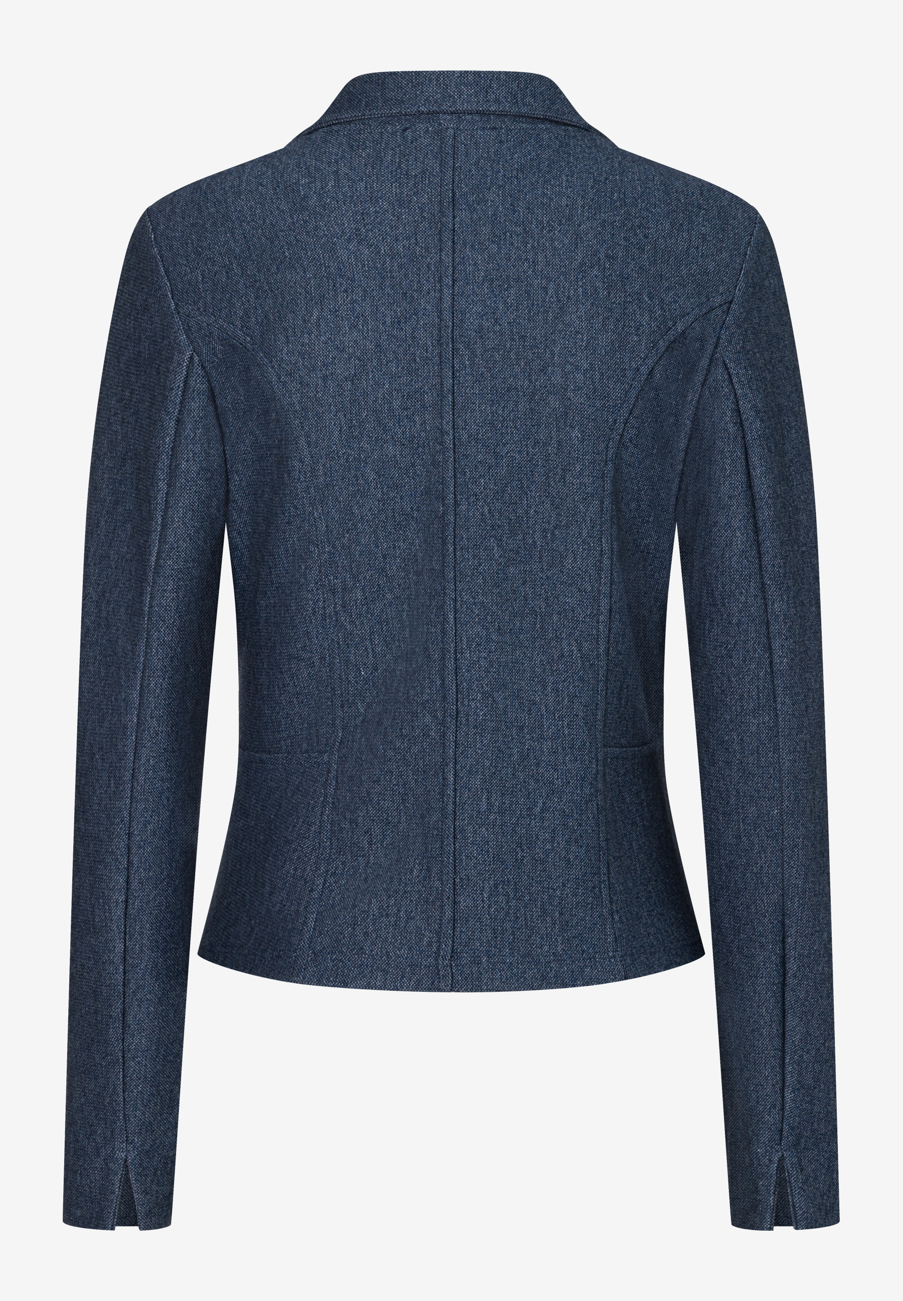 Rückansicht eines blauen Blazers der Marke MORE & MORE aus Piqué-Jersey mit komfortablem, elastischem Material. Rückansicht eines blauen Blazers der Marke MORE & MORE aus Piqué-Jersey mit komfortablem, elastischem Material.